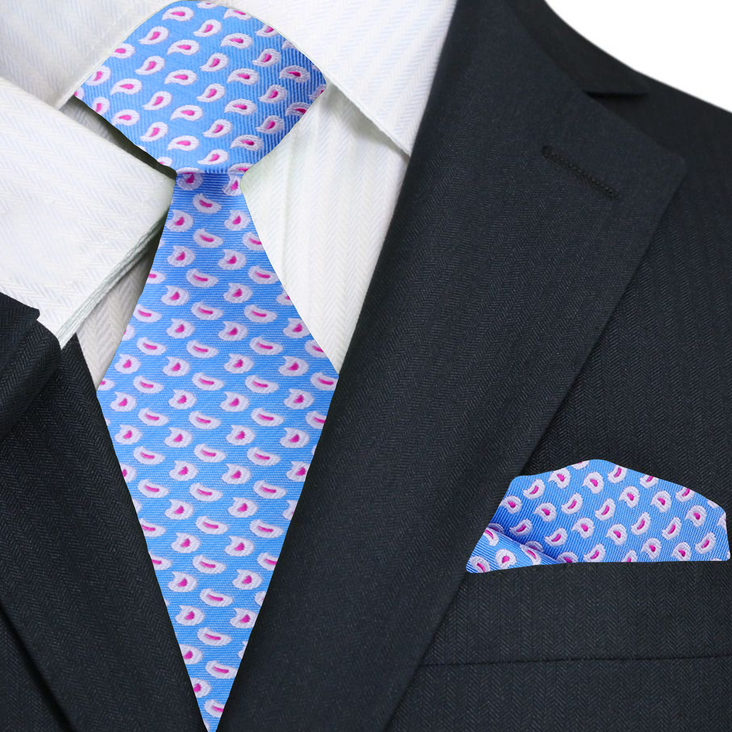 Close-up of vibrant paisley silk necktie with orange, white, and blue hues for formal wear