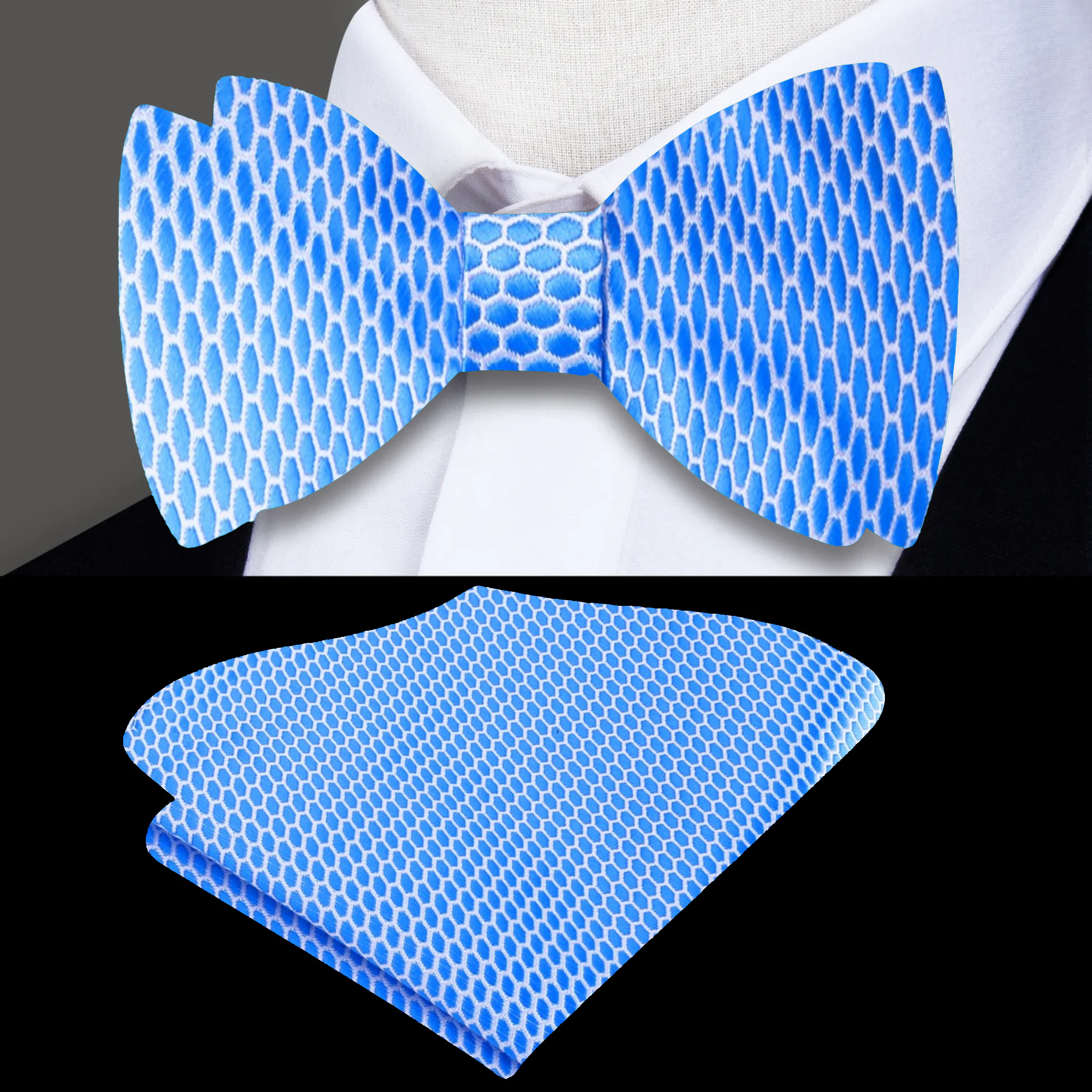 Front view of a geometric pattern silk self-tie bow tie in grape purple