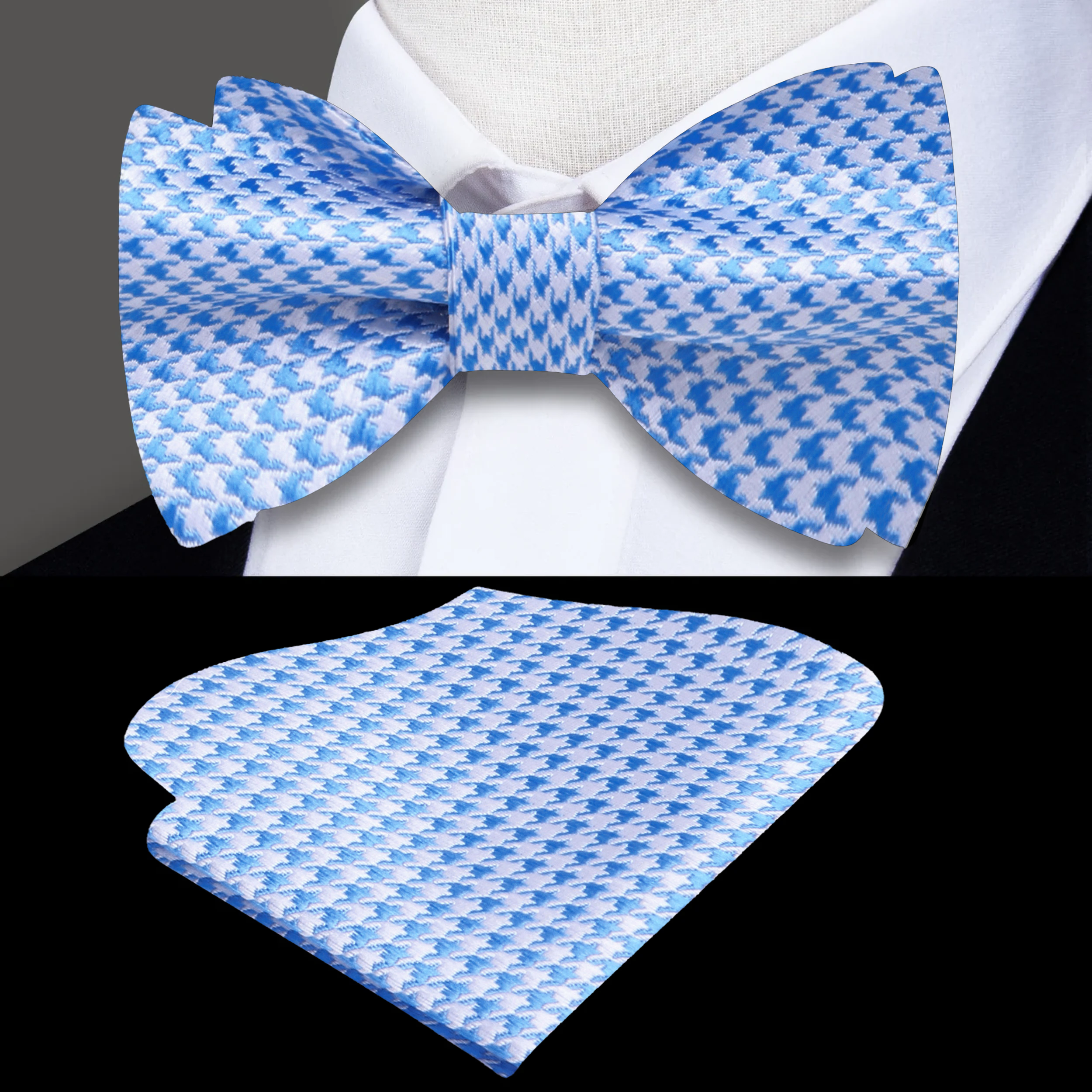 Elegant houndstooth bow tie featuring a geometric pattern, perfect for formal occasions.
