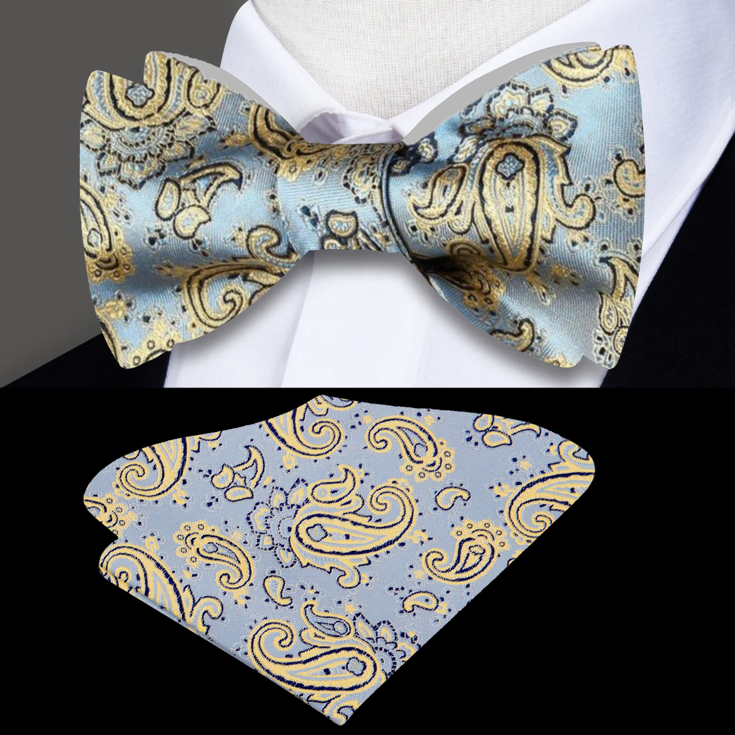Self tie bow tie displayed against a crisp white dress shirt, highlighting its intricate design.