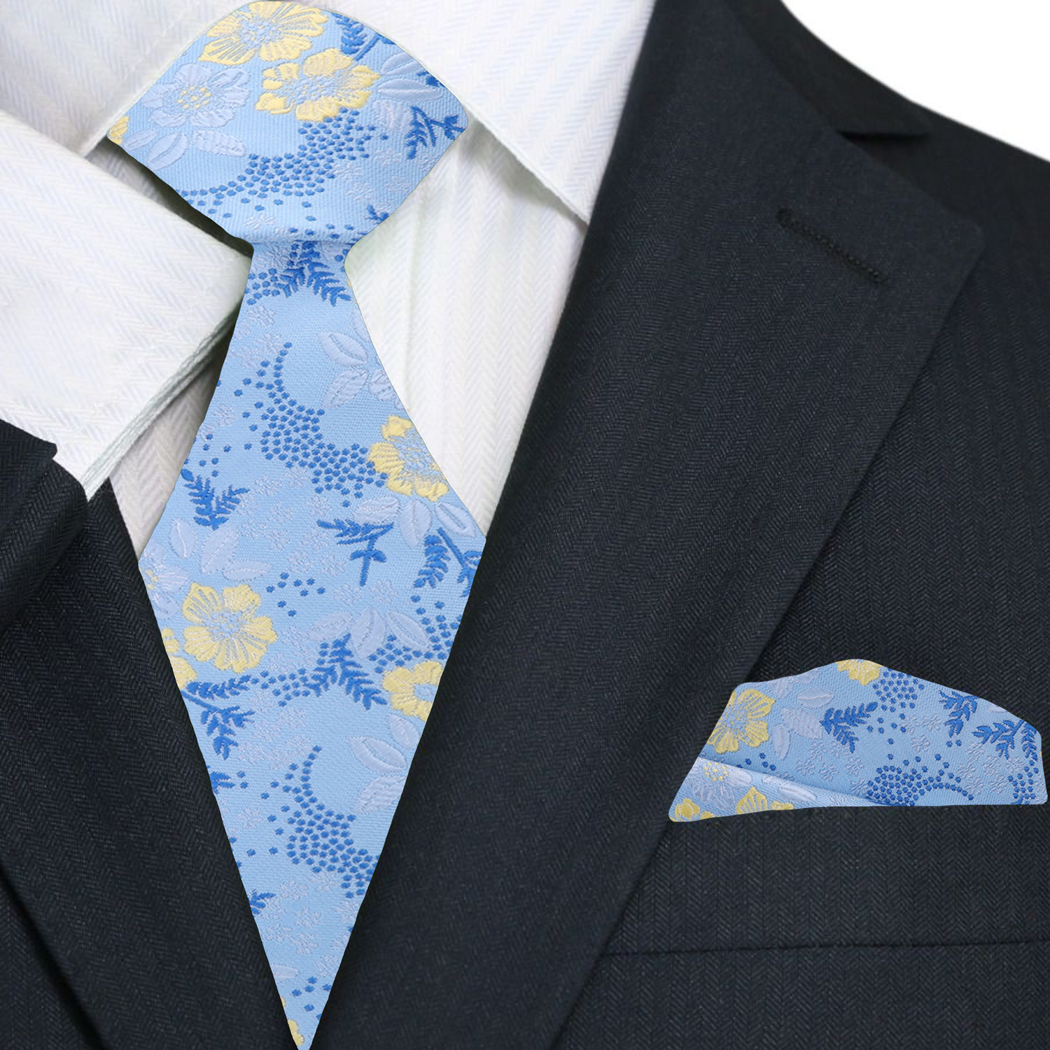 Elegant floral necktie in dark blue with small flower pattern, suitable for weddings