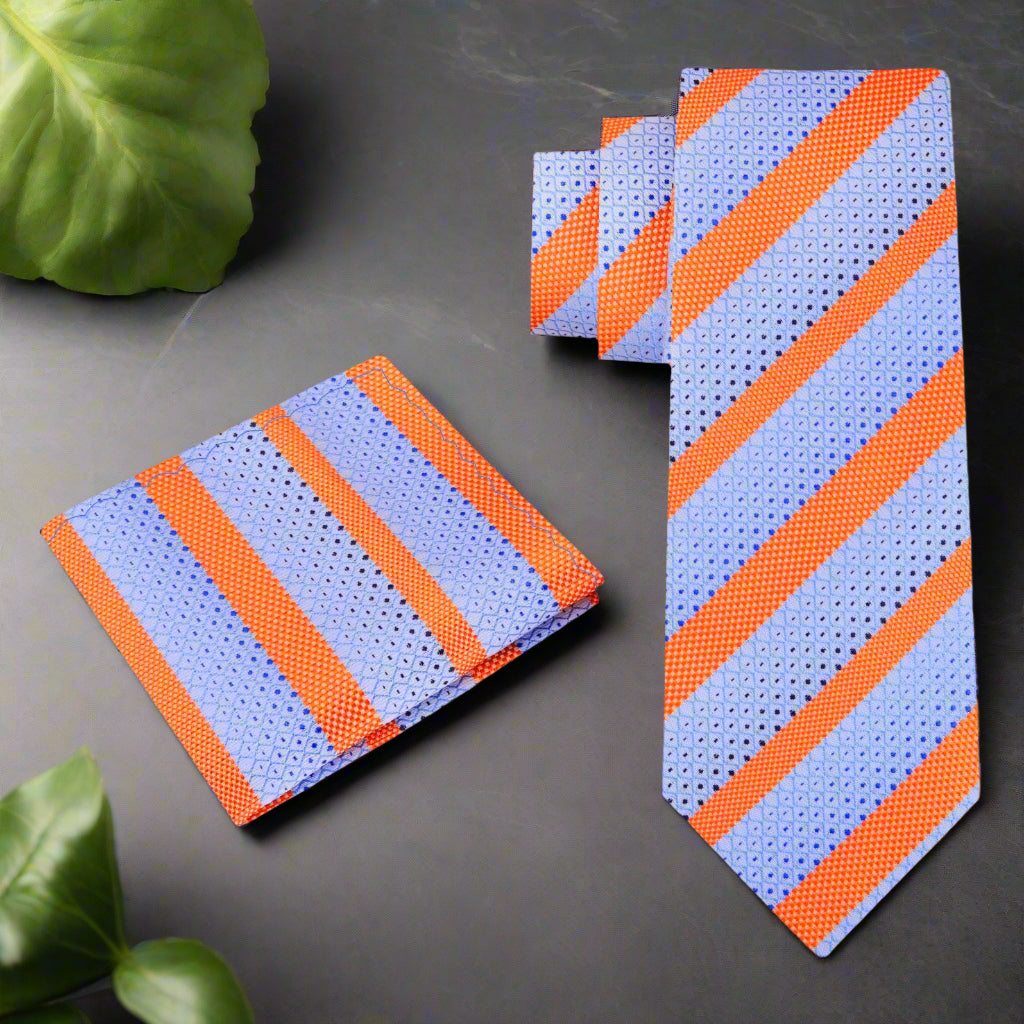Close-up of light blue and orange striped necktie with crisp stripe pattern