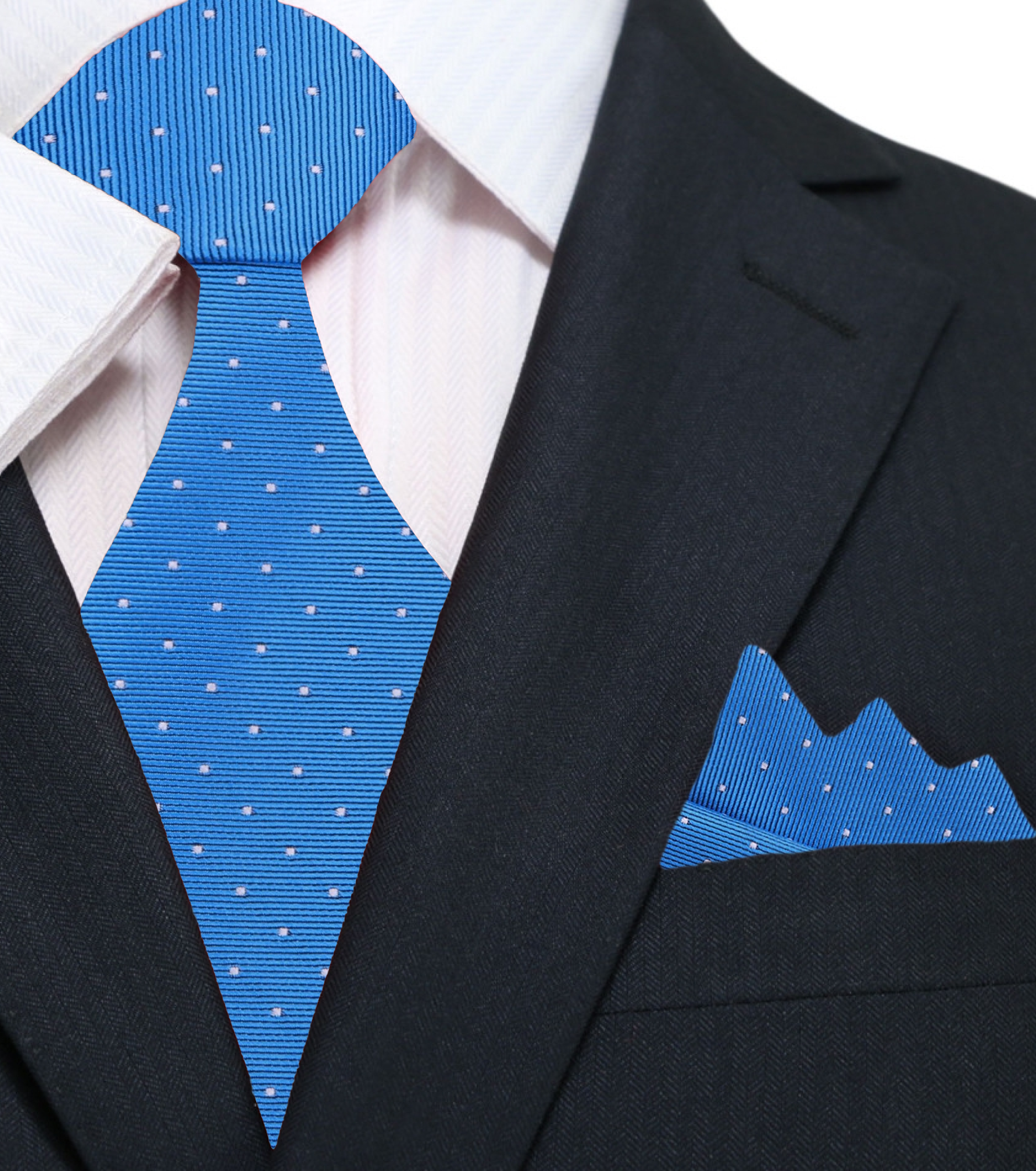 Close-up of a navy silk tie with white polka dots, ideal for formal occasions