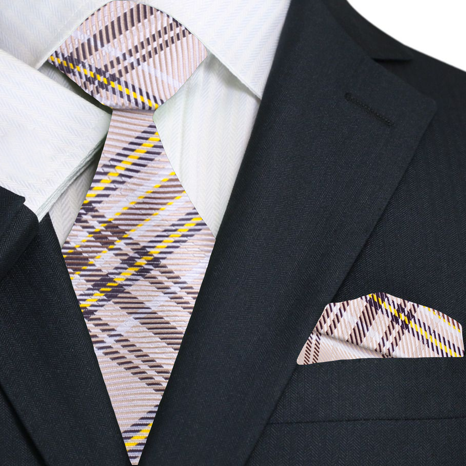 Front view of blue and grey plaid tie styled with a white dress shirt – classic mens tie look.