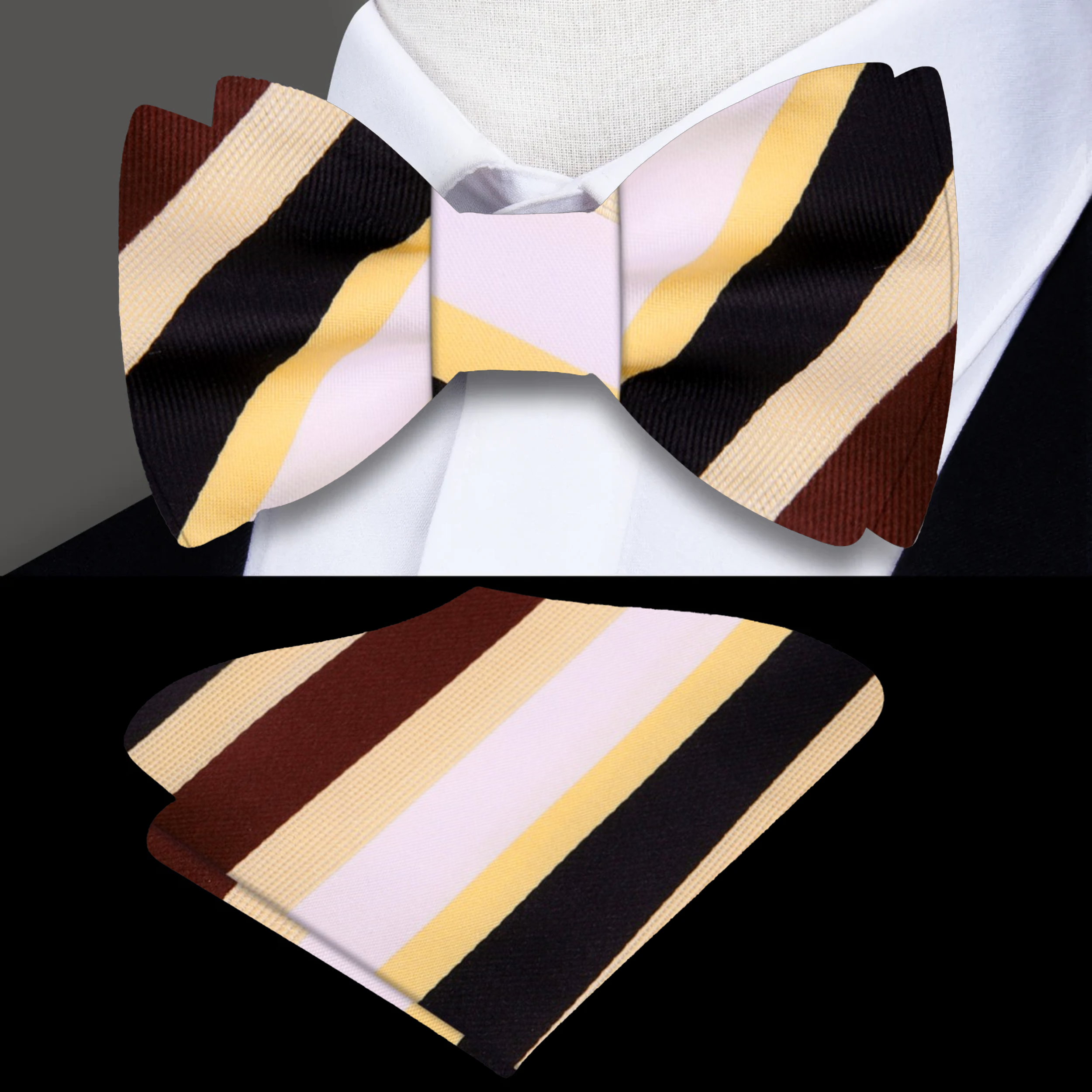 Maker's Stripe Self-Tie Bow Tie in brown and off-white with stripe pattern, perfect for weddings