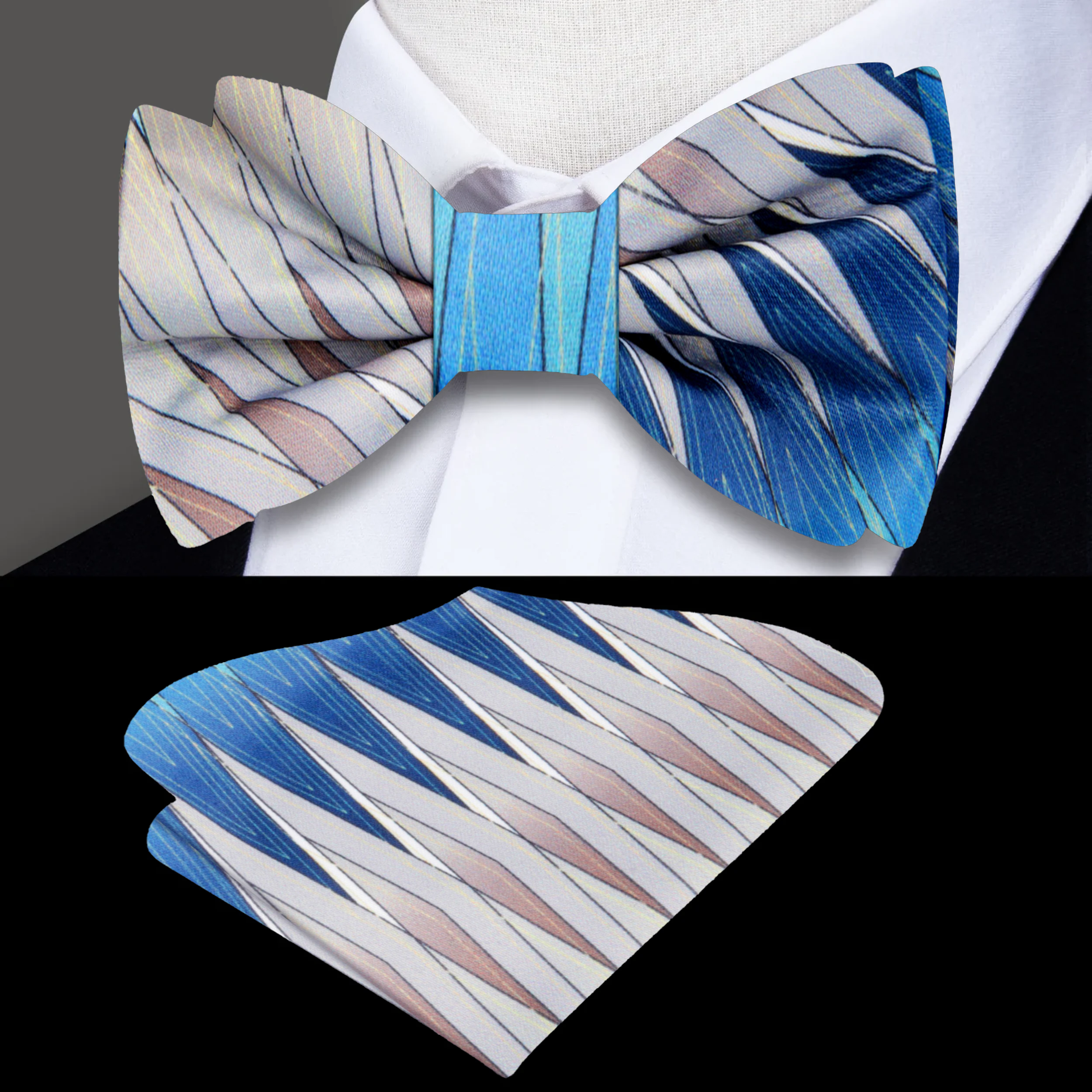 Men wearing silk bow tie with matching pocket square for formal event