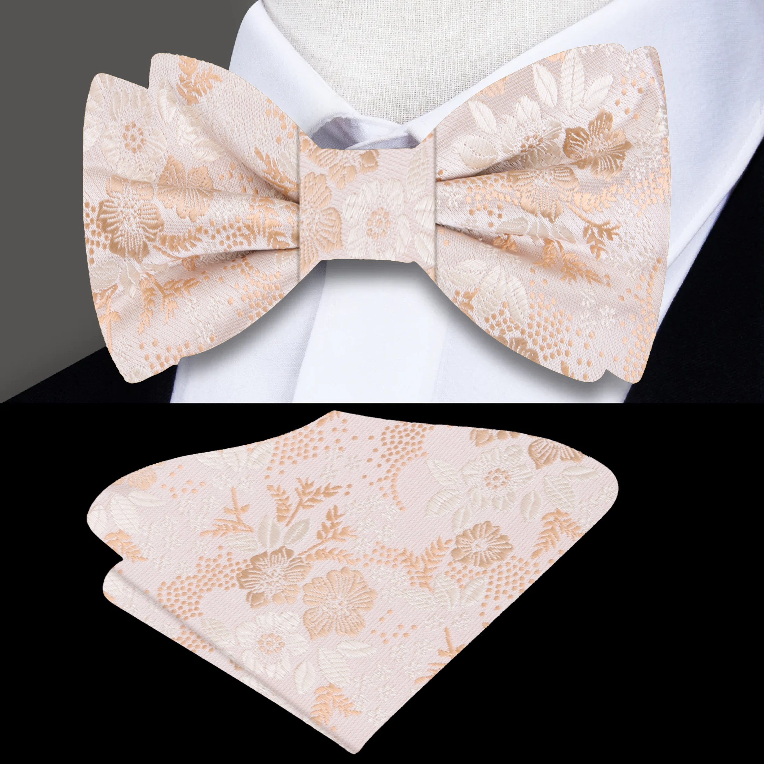 Elegant floral bow tie paired with a light grey suit, showcasing a fresh and versatile look.