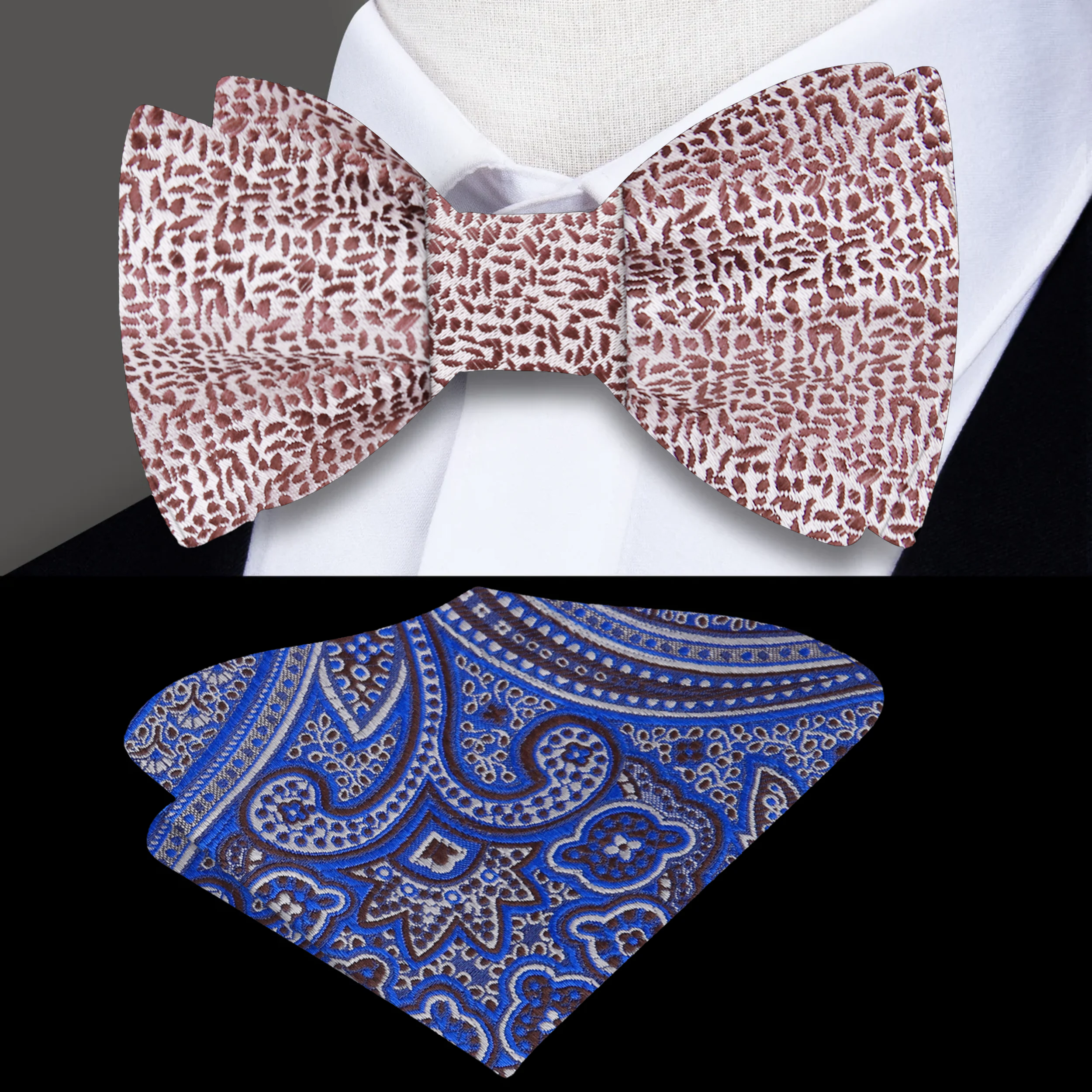 Close-up view of a grey textured silk bow tie with detailed fabric pattern