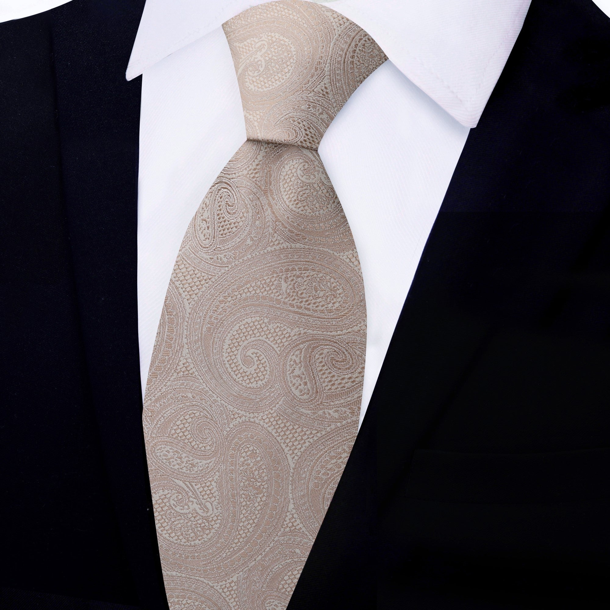 Elegant light brown paisley silk necktie styled with a white dress shirt