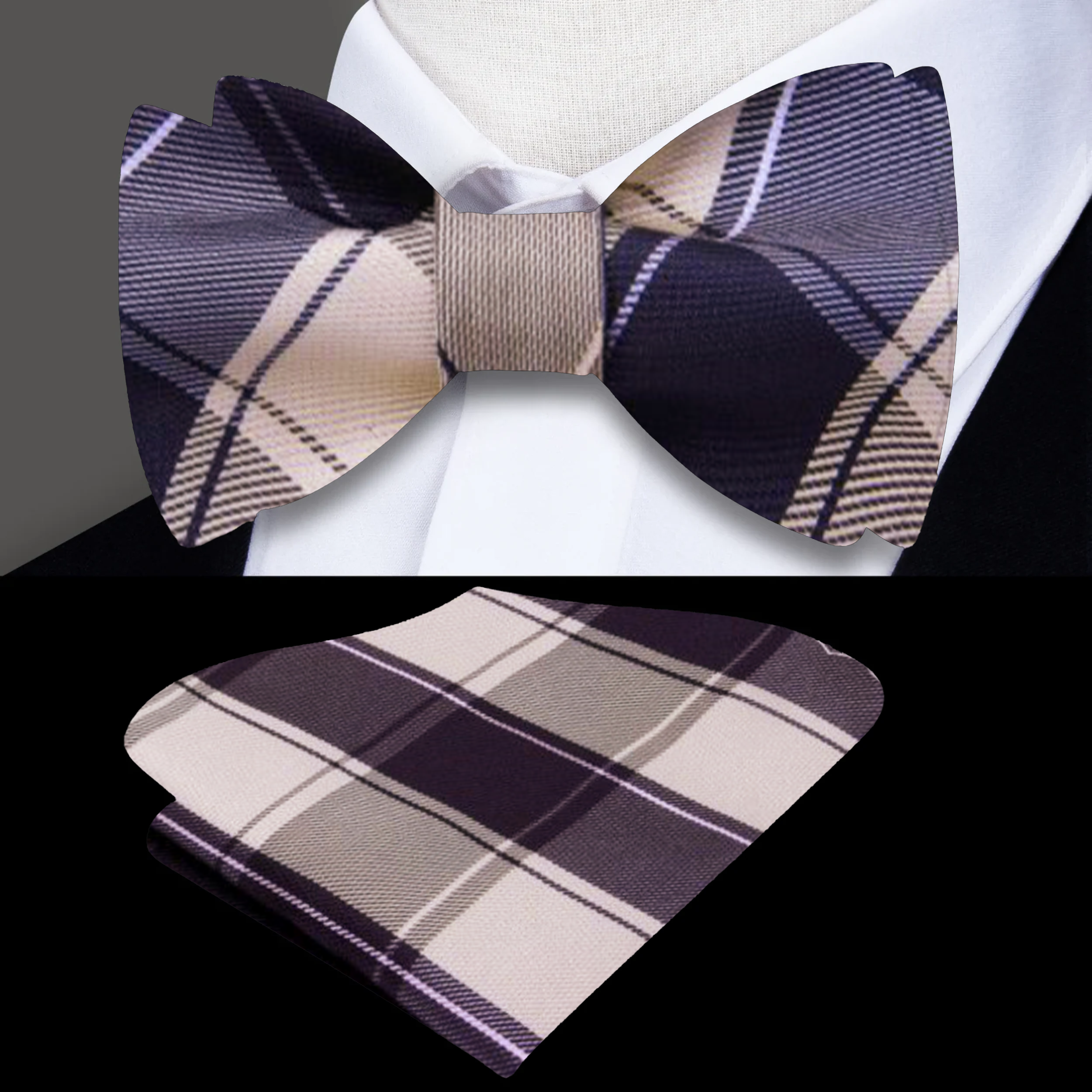 Man adjusting a vibrant plaid self-tie bow tie with a classic suit for a formal event