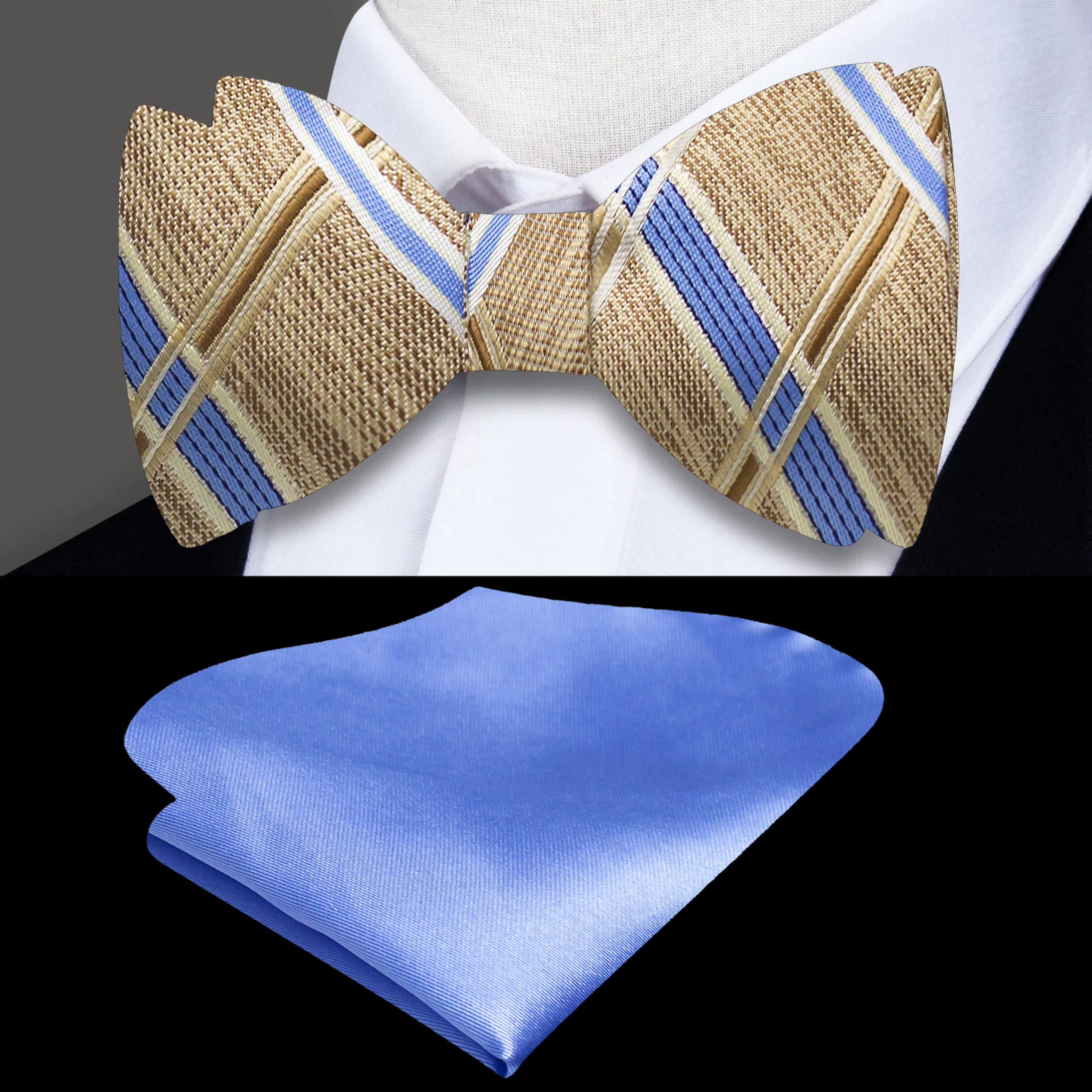 Elegant Grey and Lavender Plaid Silk Bow Tie displayed on a white dress shirt.
