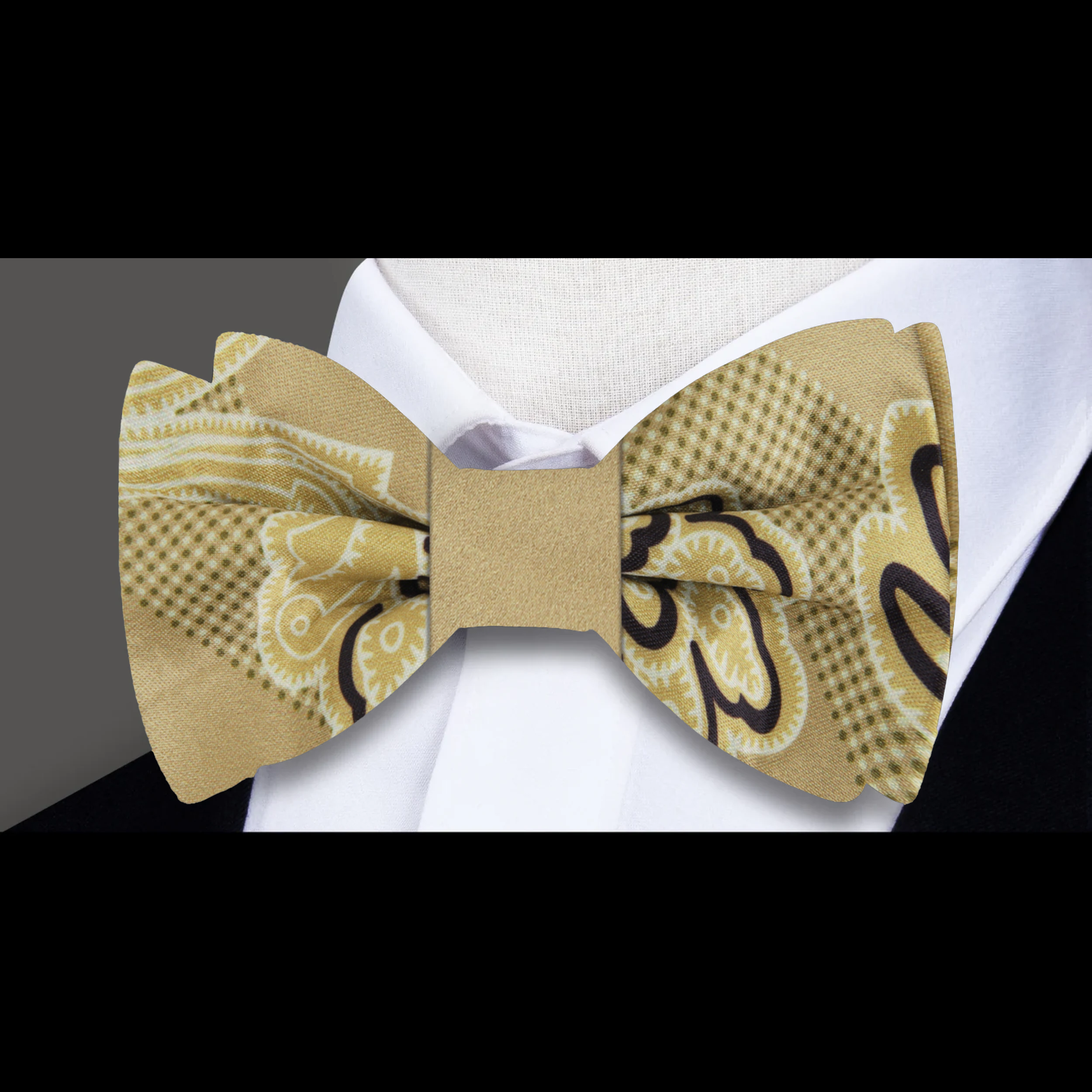 Elegant silk paisley bow tie in khaki gold and black, perfect for formal occasions