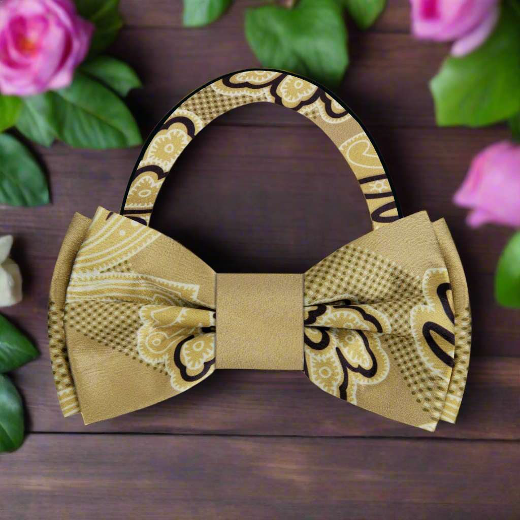 Close-up of the intricate paisley pattern on the silk bow tie for evening events