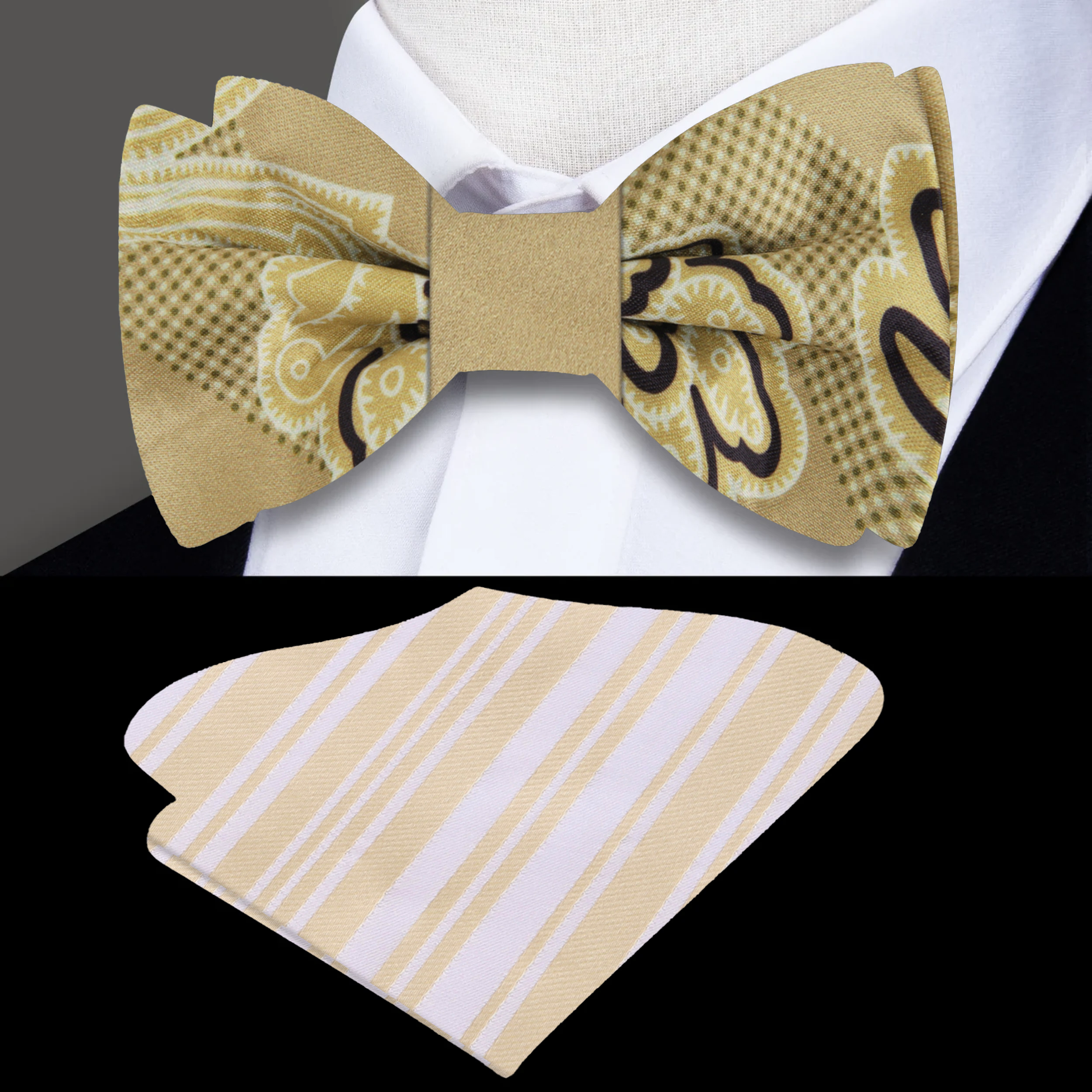 Elegant silk paisley bow tie in khaki gold and black, perfect for formal occasions