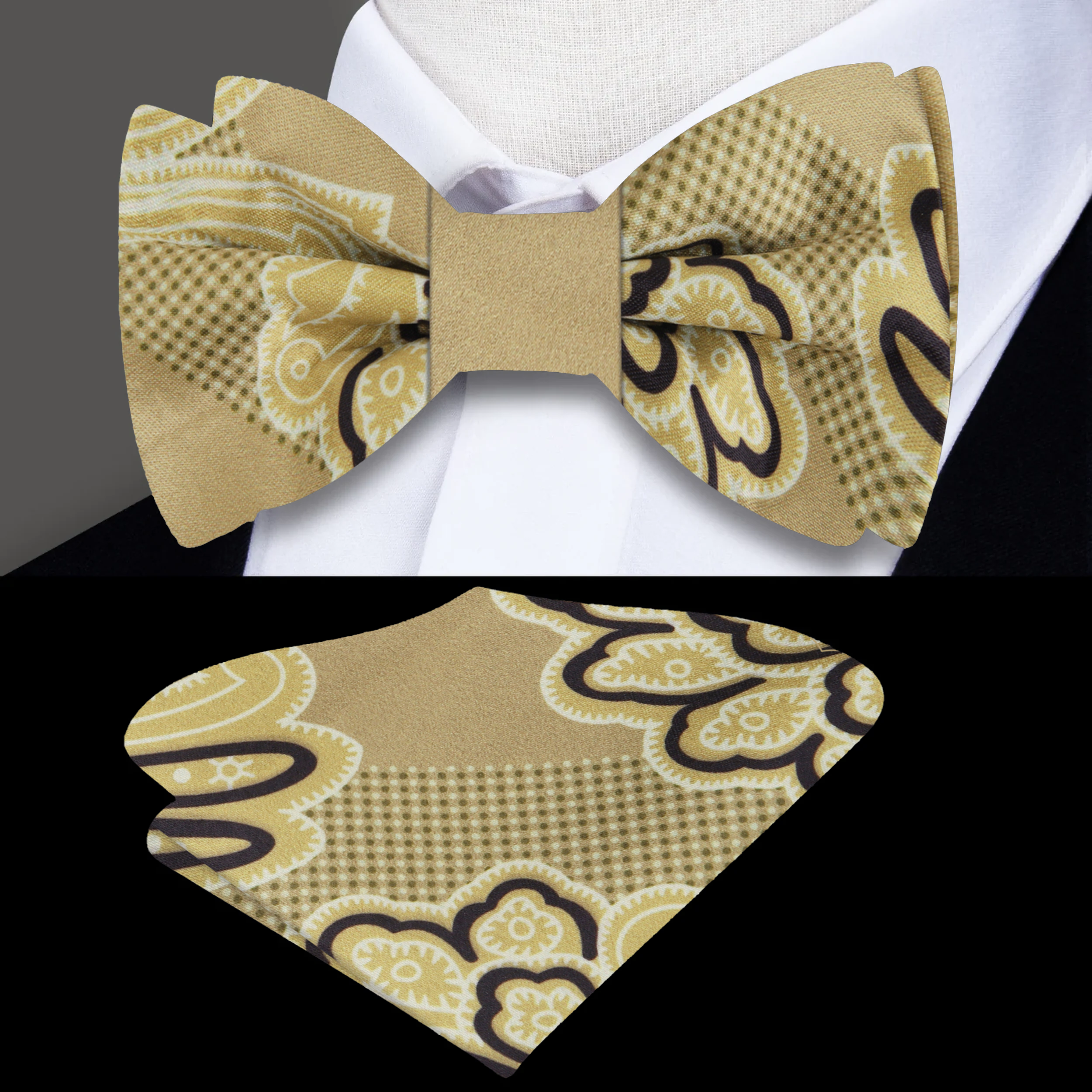 Model wearing The Palms paisley silk bow tie with a white dress shirt for a wedding