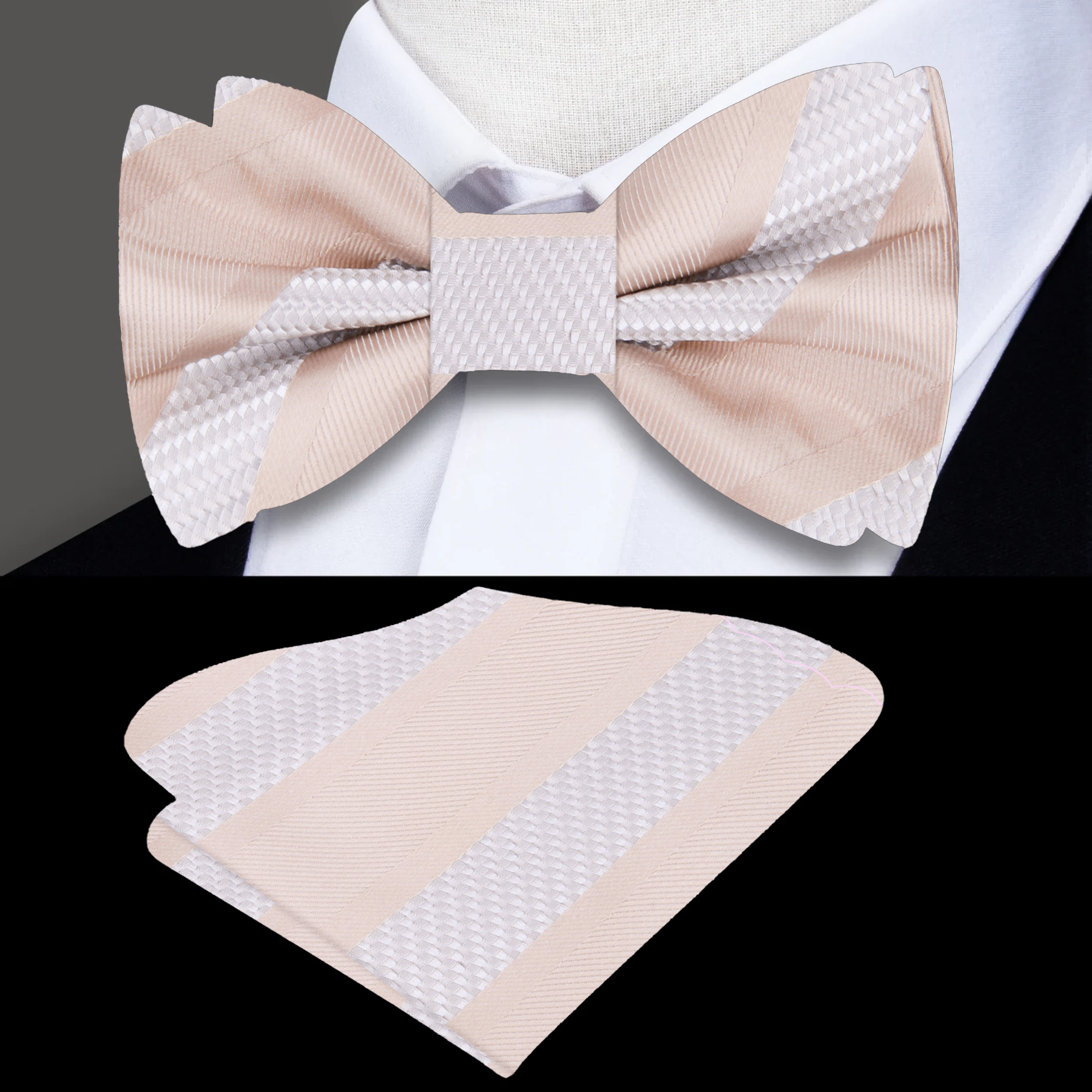Front view of a stylish silk striped bow tie on a white background, highlighting its vibrant colors