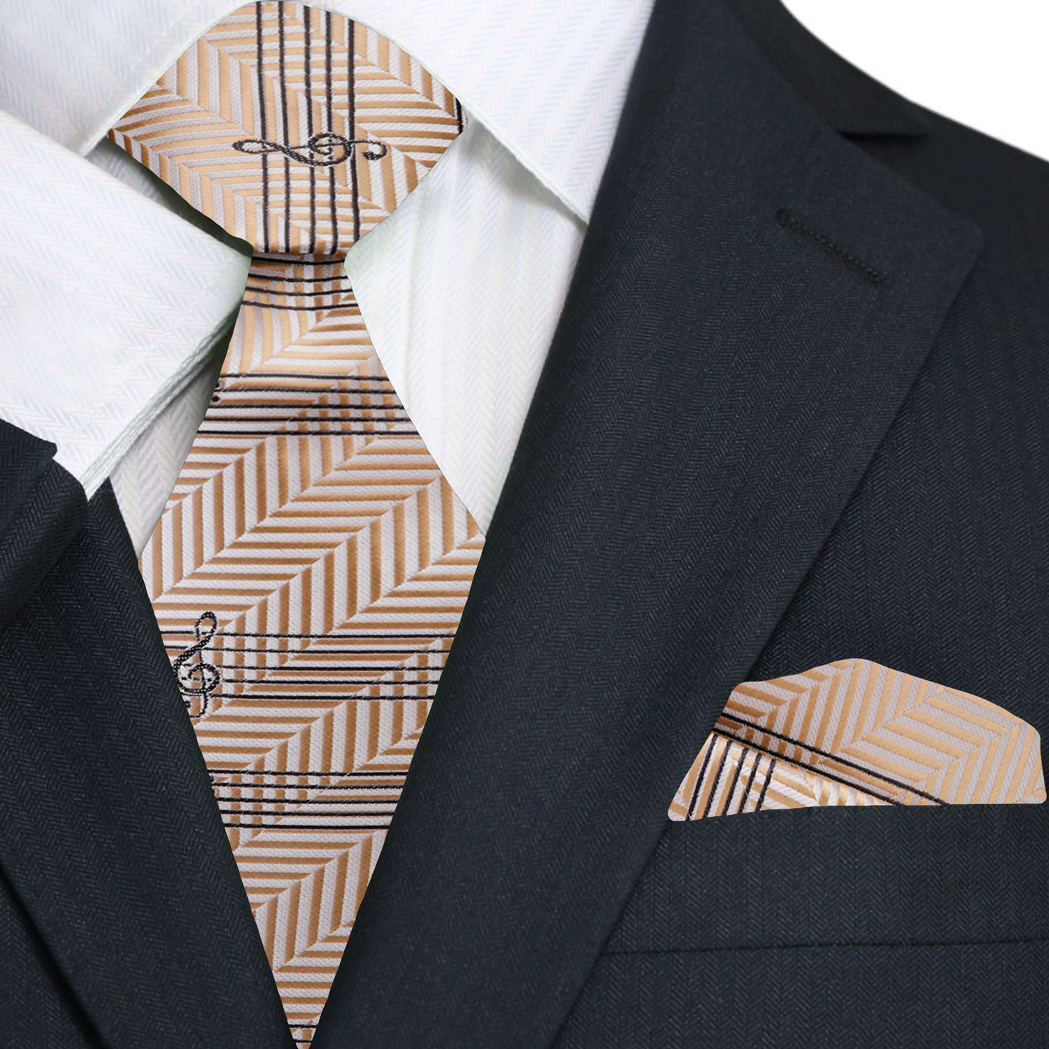 Elegant display of the Melodic Harmony Music Necktie in a stylish tan suit.