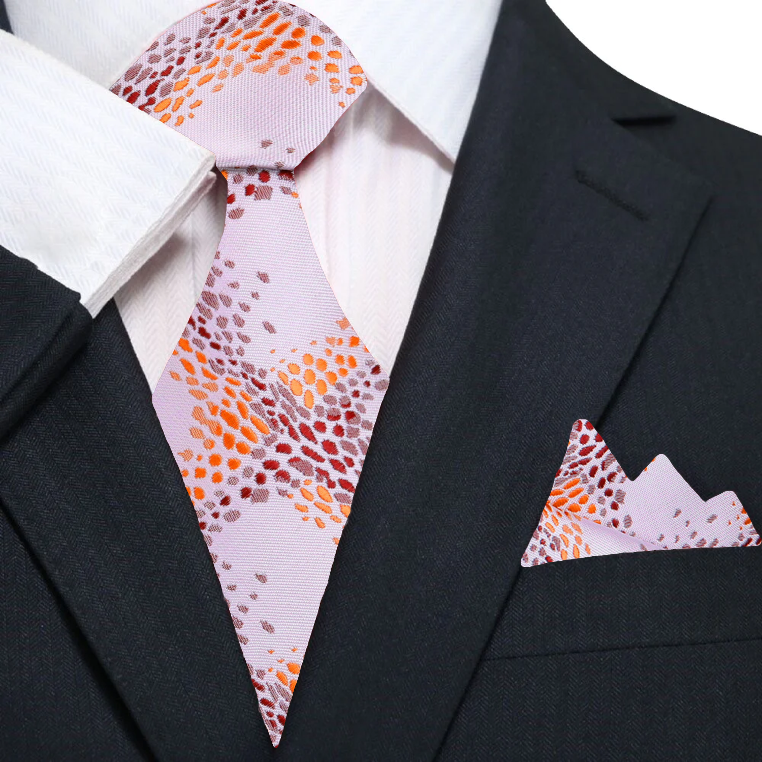 Stylishly paired brown geometric tie with a dark brown suit for a wedding.
