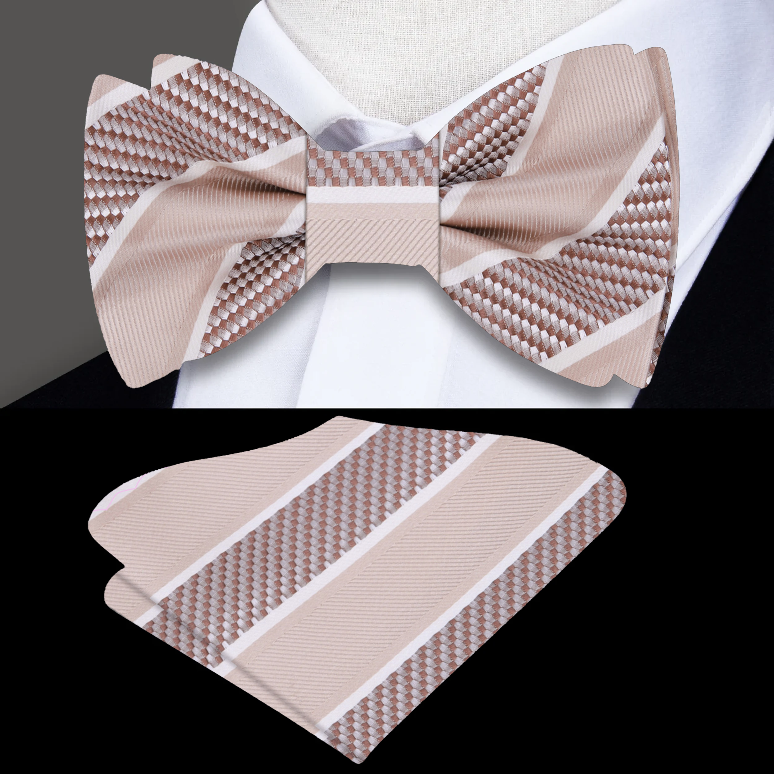 Front view of a stylish silk striped bow tie on a white background, highlighting its vibrant colors
