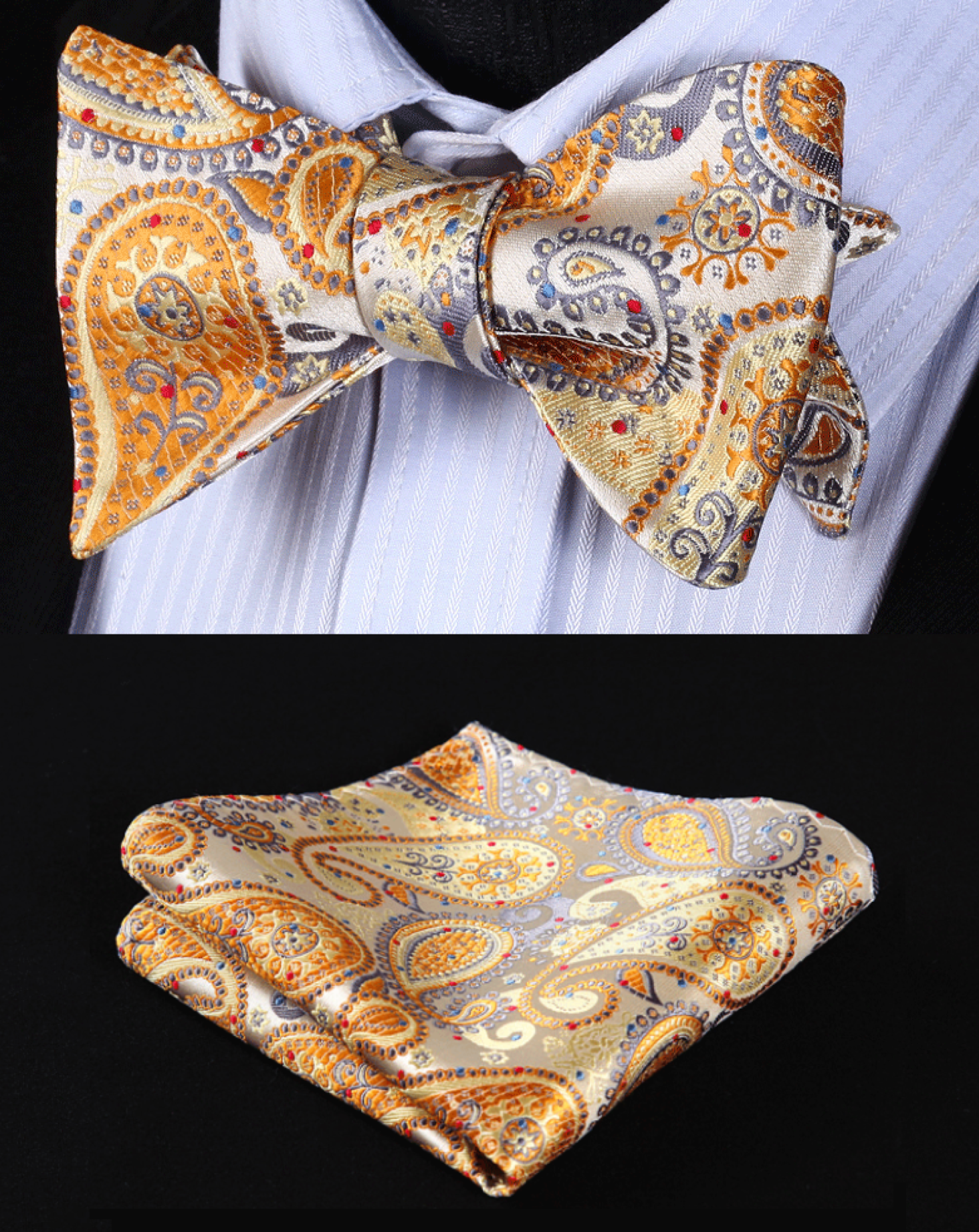 Elegant silk paisley bow tie displayed on a white dress shirt