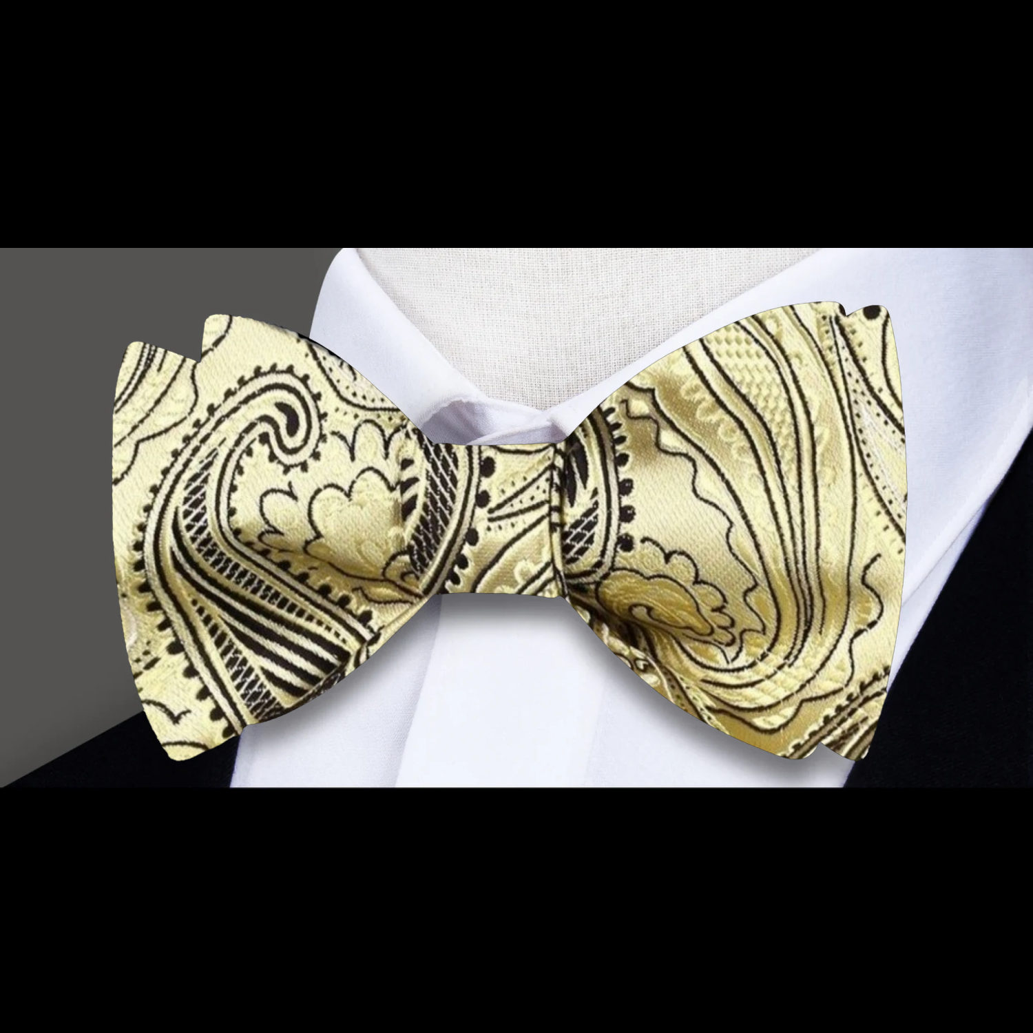Elegant Light Yellow and Black Paisley Silk Bow Tie displayed on a white background.