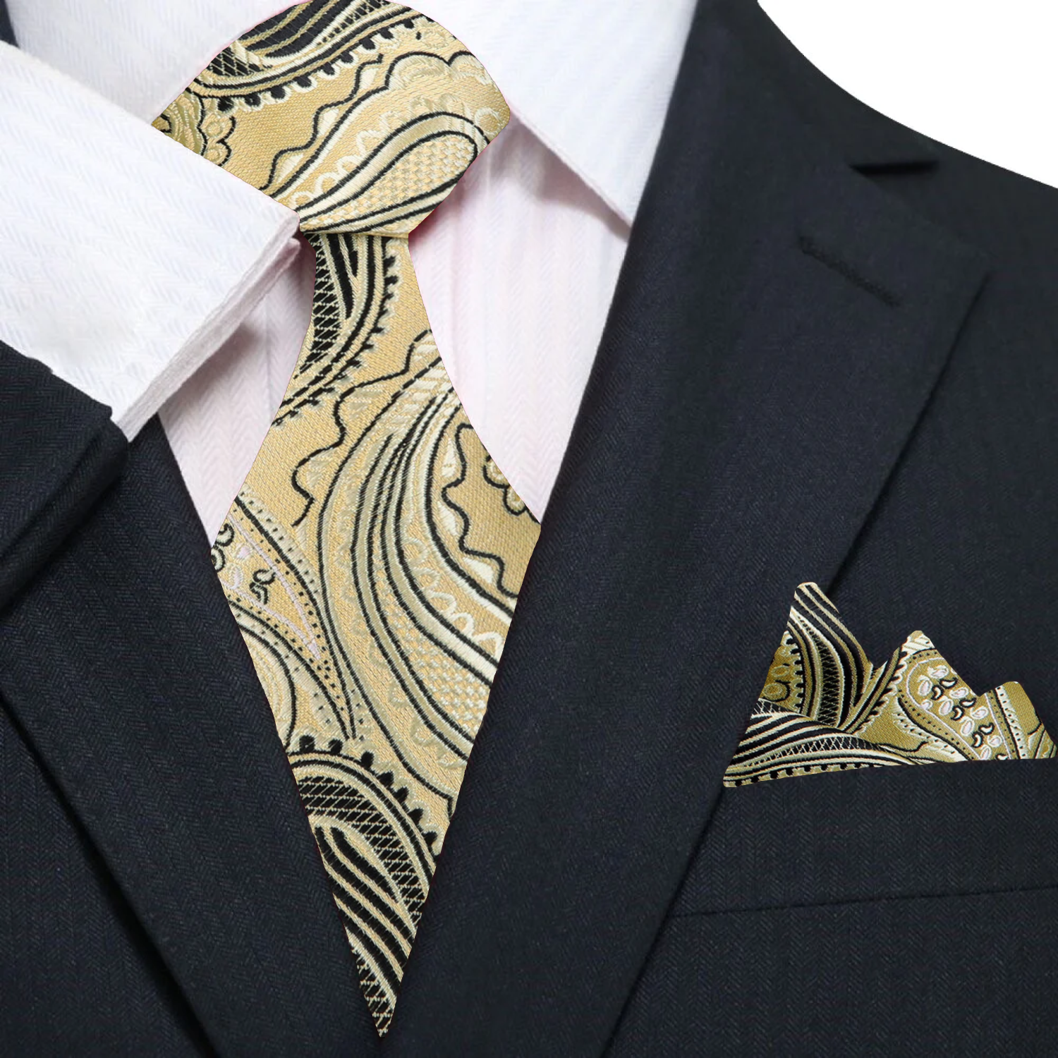 Close-up of the paisley design on the silk tie, highlighting the luxurious texture and rich colors.