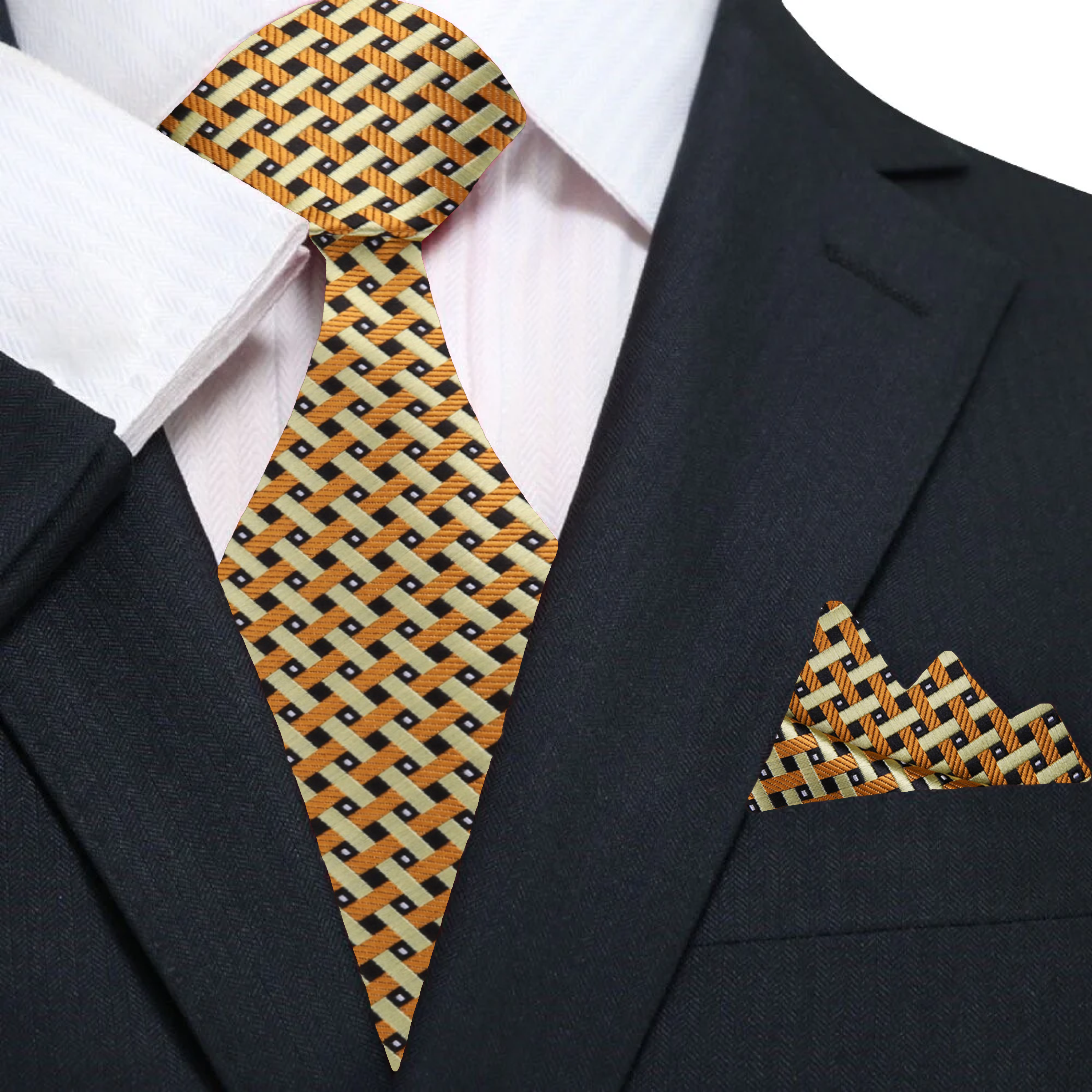 Close-up of gold geometric silk tie on a mannequin showing intricate pattern