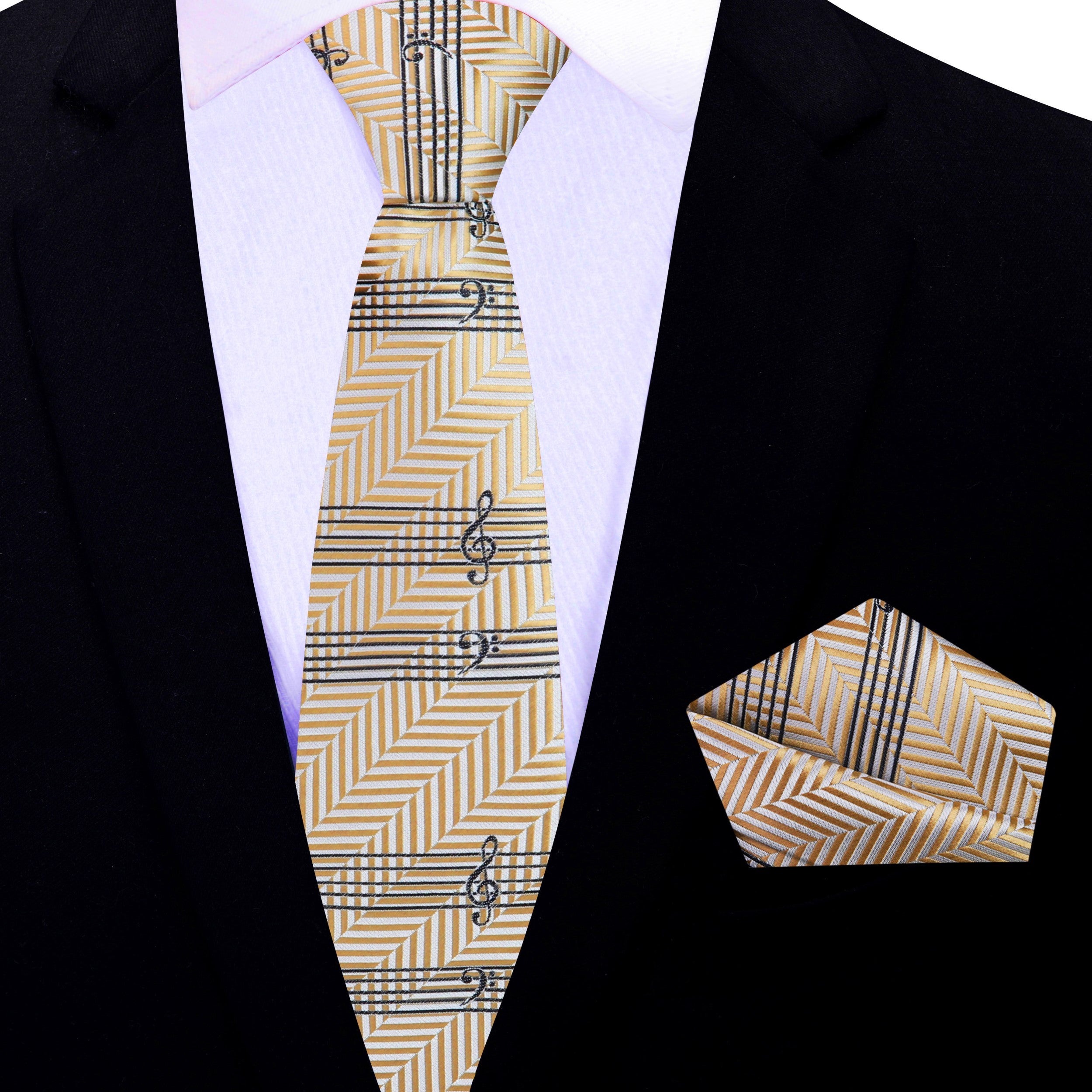 Model wearing the music themed necktie for concerts with a crisp white shirt.