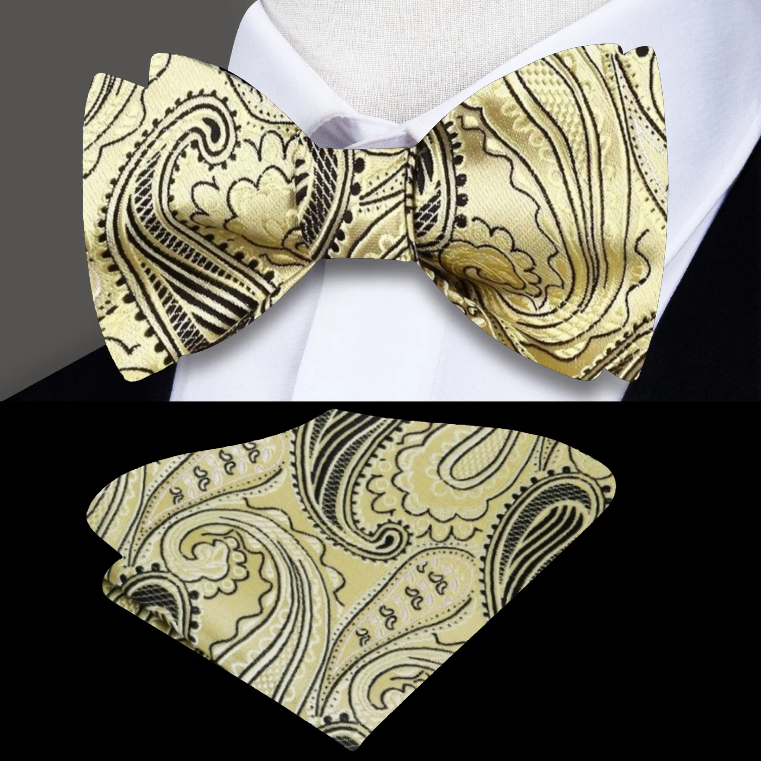Close-up of gold paisley silk bow tie with intricate pattern for formal occasions