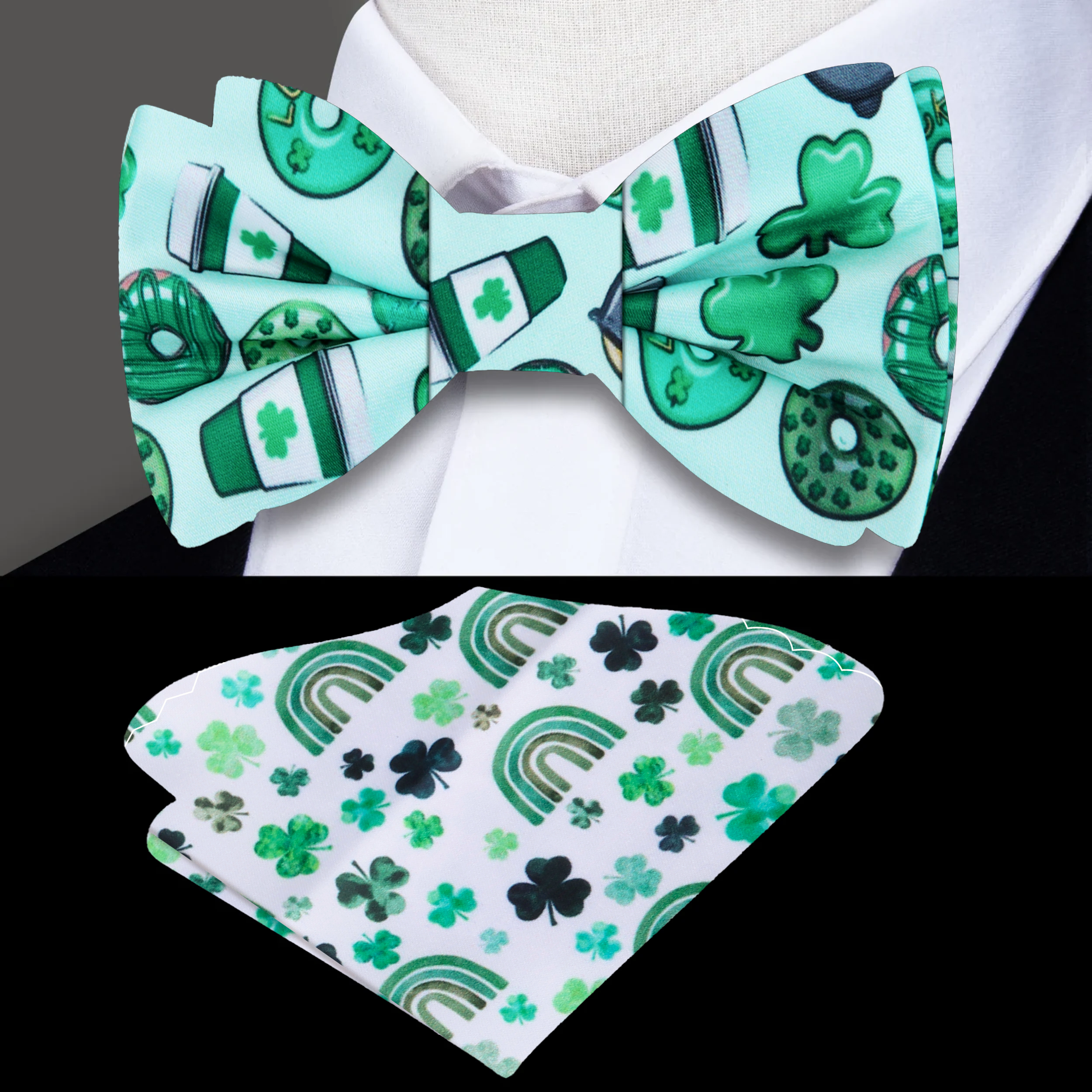 Man wearing festive bow tie for pub crawl with Irish-themed outfit