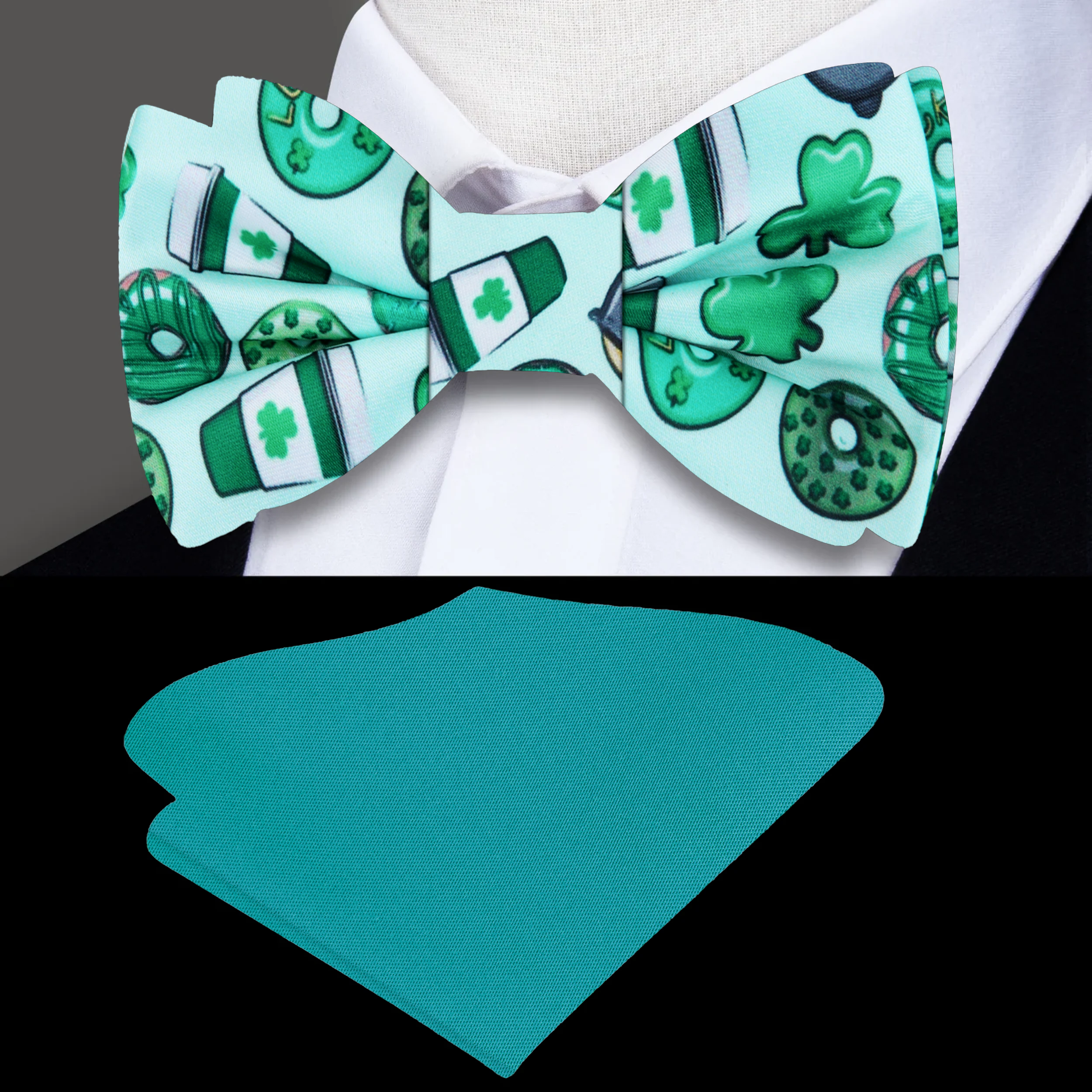 Close-up of whimsical green silk bow tie with coffee and donut motifs for St. Patrick's Day