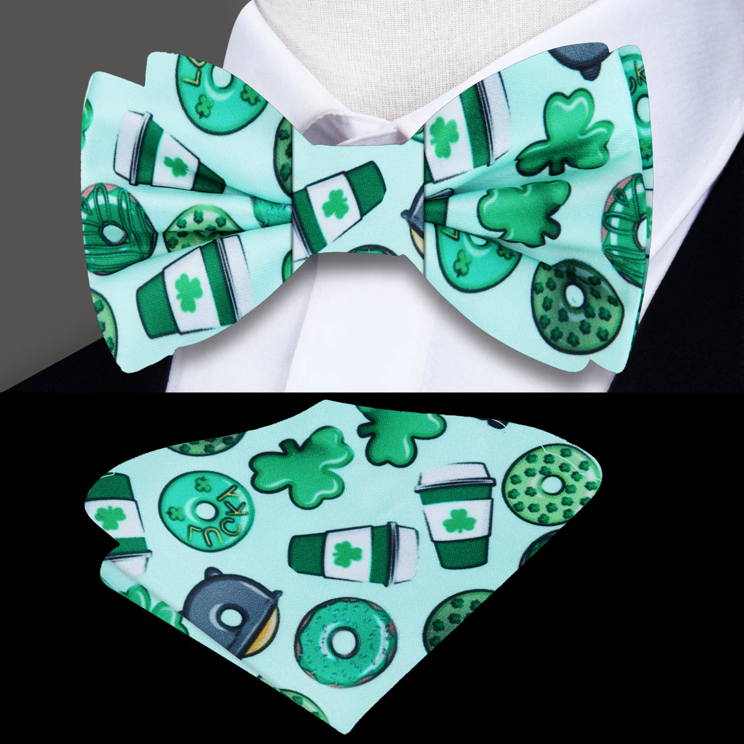 Elegant green silk bow tie with playful clover and coffee motifs for St. Patricks Day