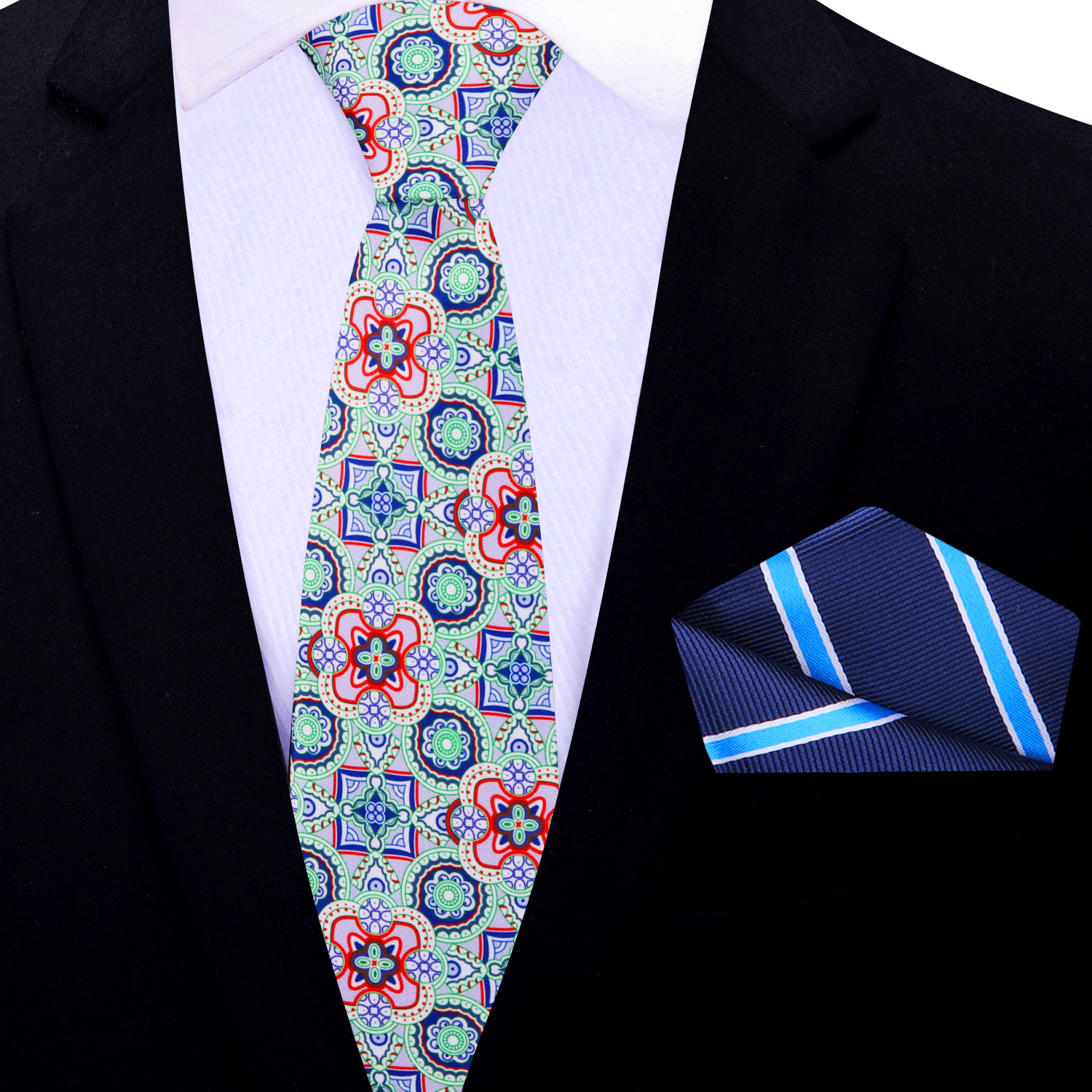 Close-up view of vibrant mosaic necktie showcasing intricate geometric patterns.