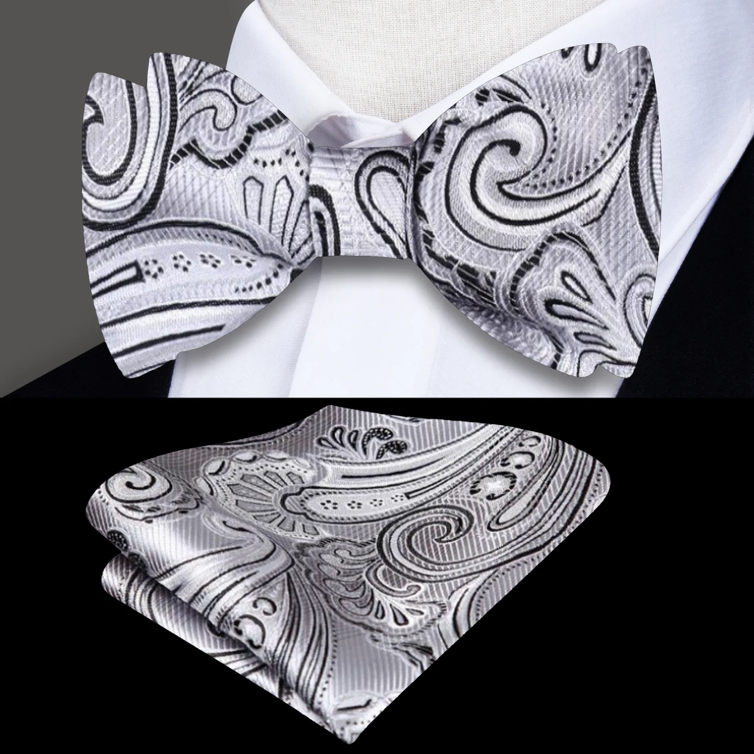 Grey paisley silk bow tie folded with pocket square for formal evening wear