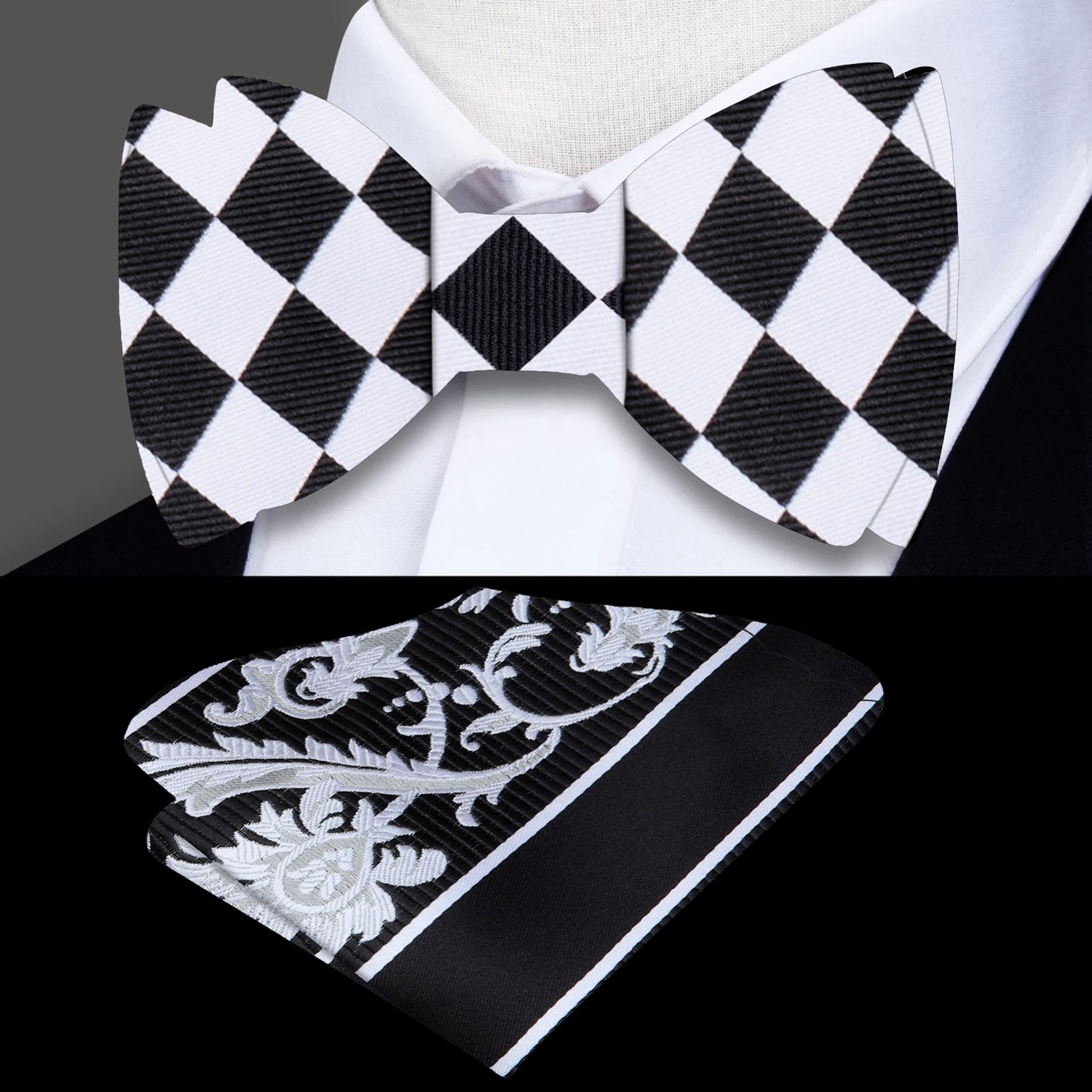 Close-up of the light grey and black checkerboard design on the men's bow tie, emphasizing its geometric elegance.
