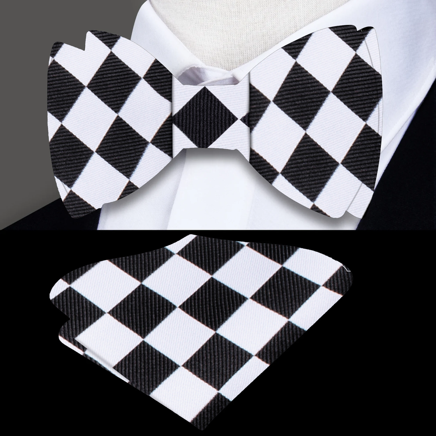 The chic minimalist self-tie bow tie paired with a classic white dress shirt and a black suit, perfect for formal events.