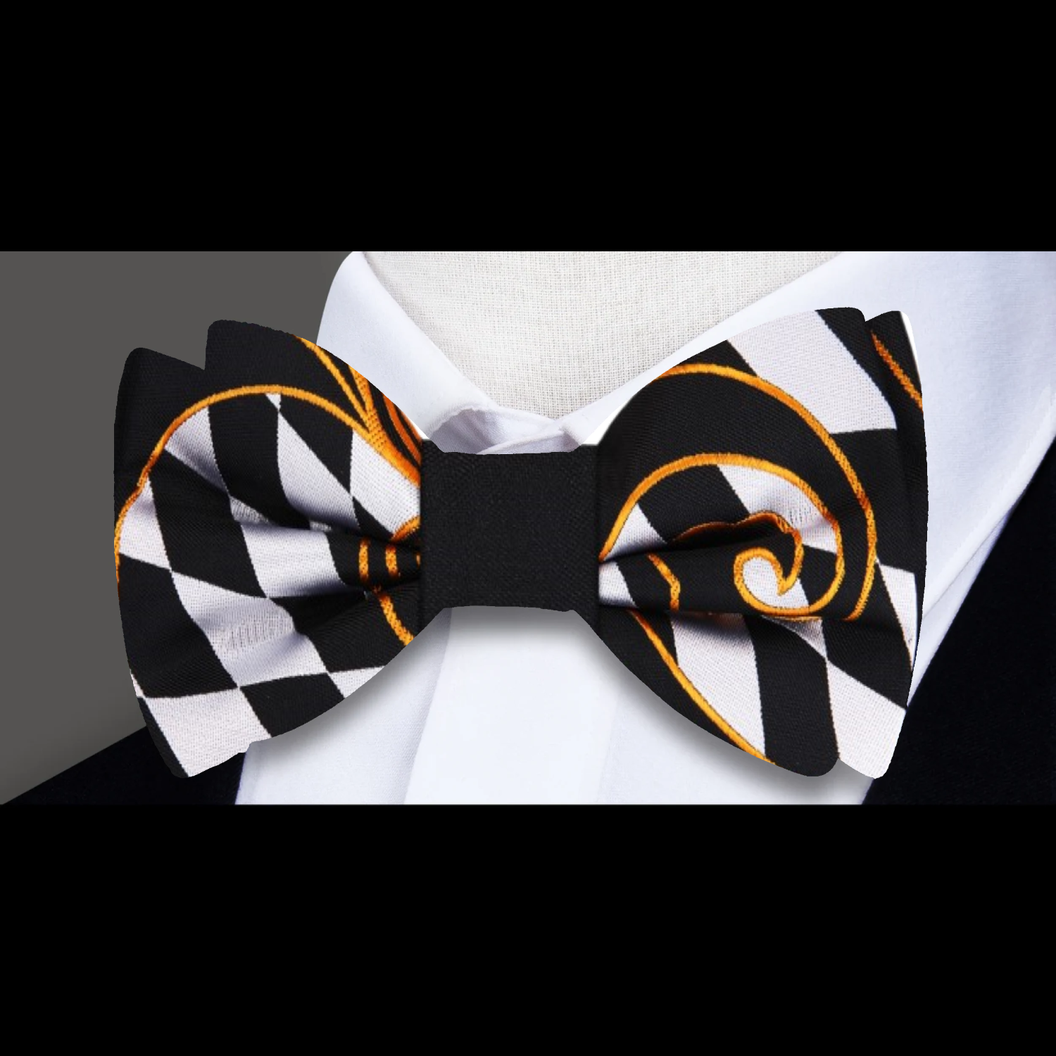 Pre-tied checkered bow tie displayed with a matching pocket square, perfect for sophisticated attire.