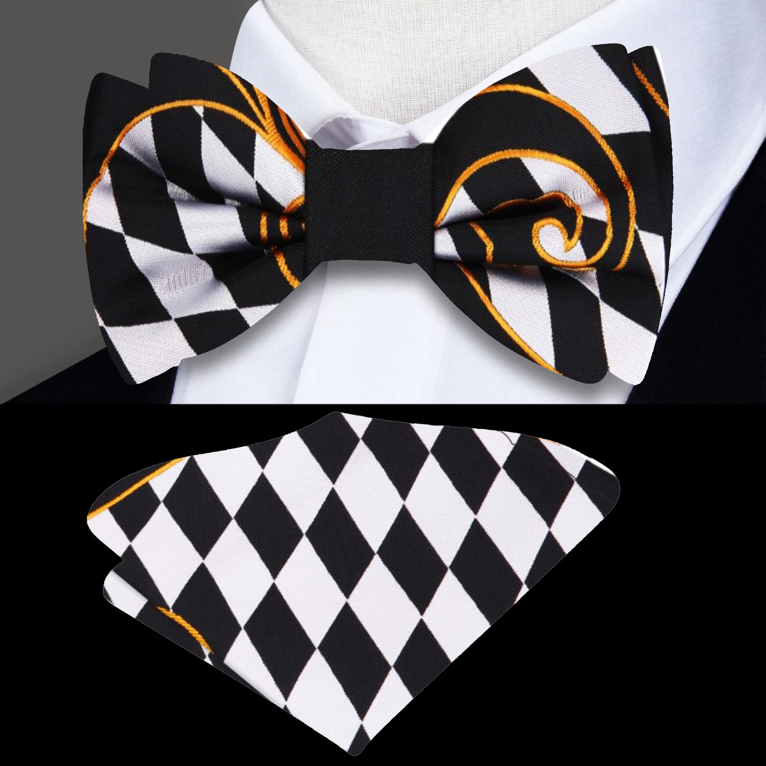Elegant checkered bow tie styled with a crisp white dress shirt, showcasing versatility for weddings.