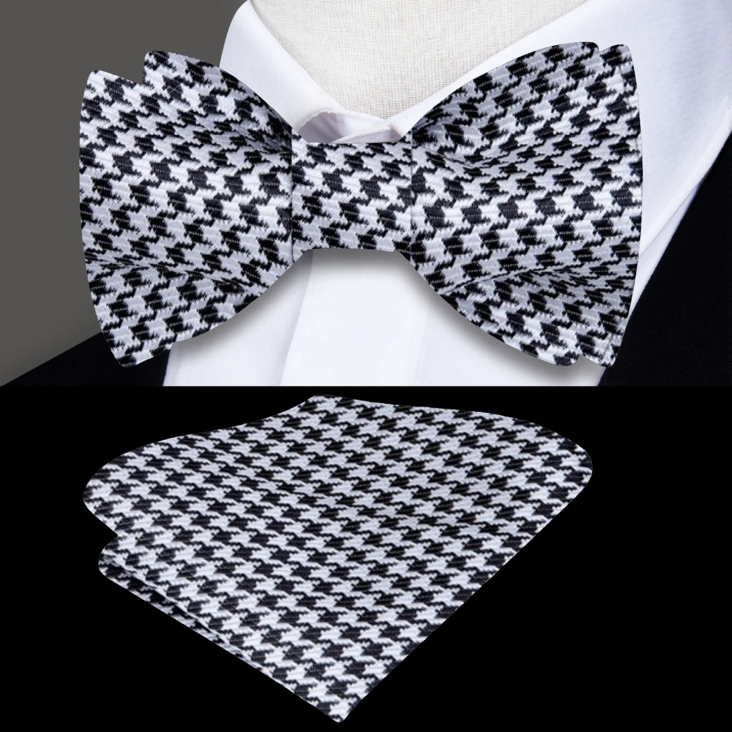 Pre-tied black houndstooth silk bow tie with matching pocket square for upscale gatherings