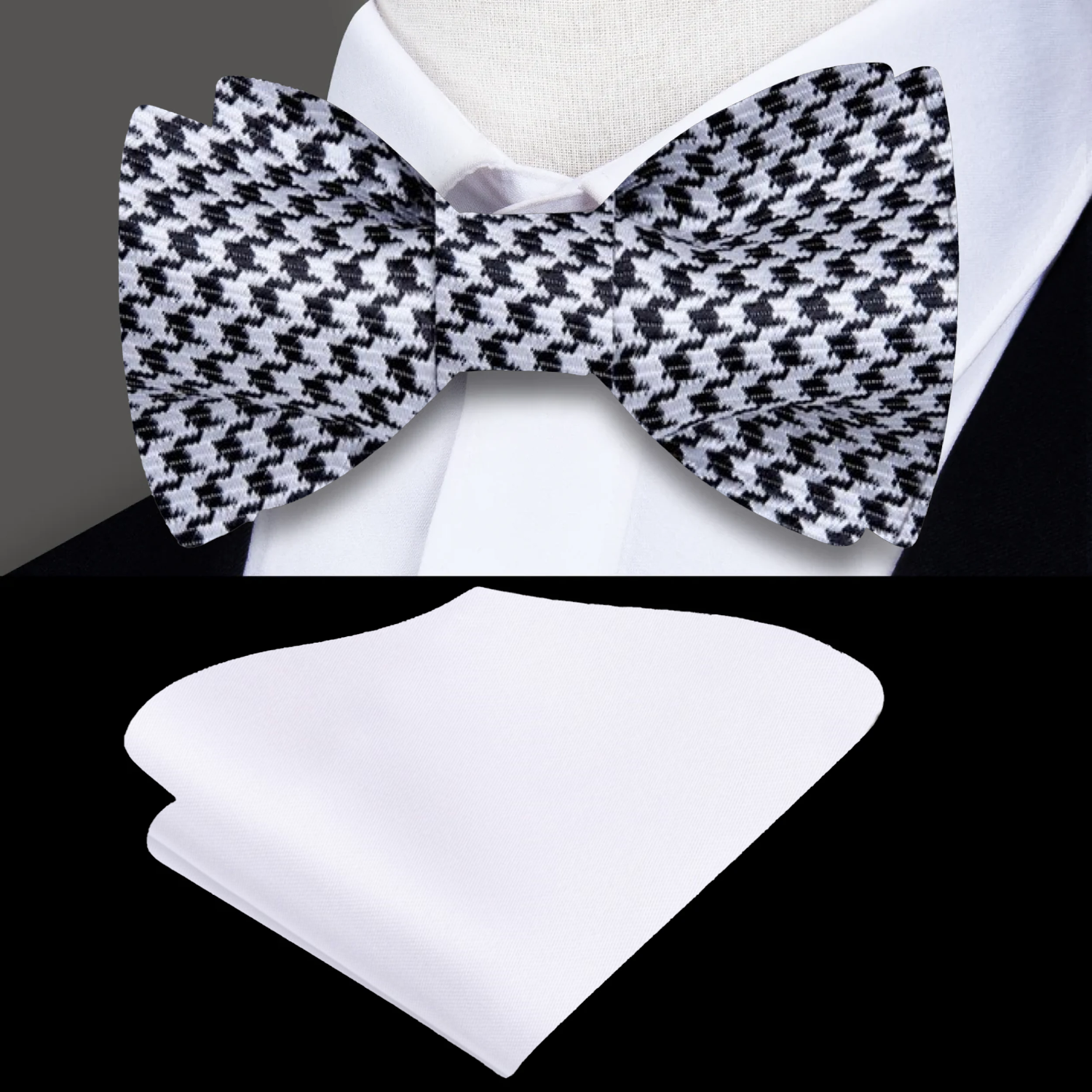 Self-tie houndstooth silk bow tie paired with a navy suit for wedding attire