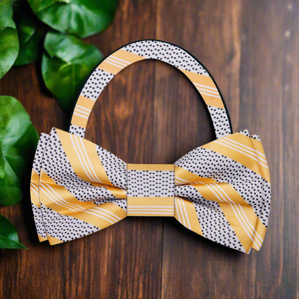 Elegant purple striped silk bow tie displayed against a solid white dress shirt for networking events.