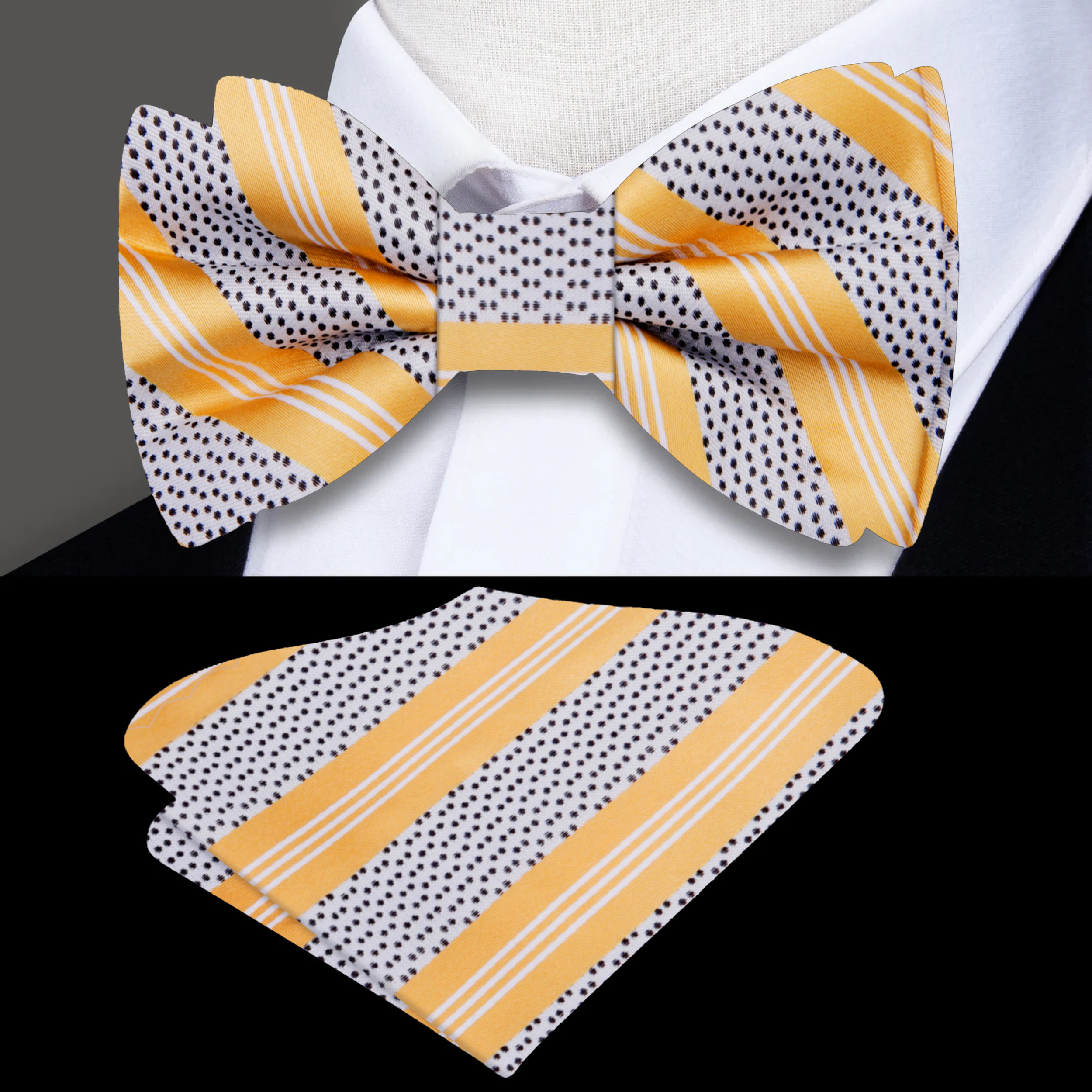 Close-up of vibrant yellow striped silk bow tie designed for weddings and formal events.