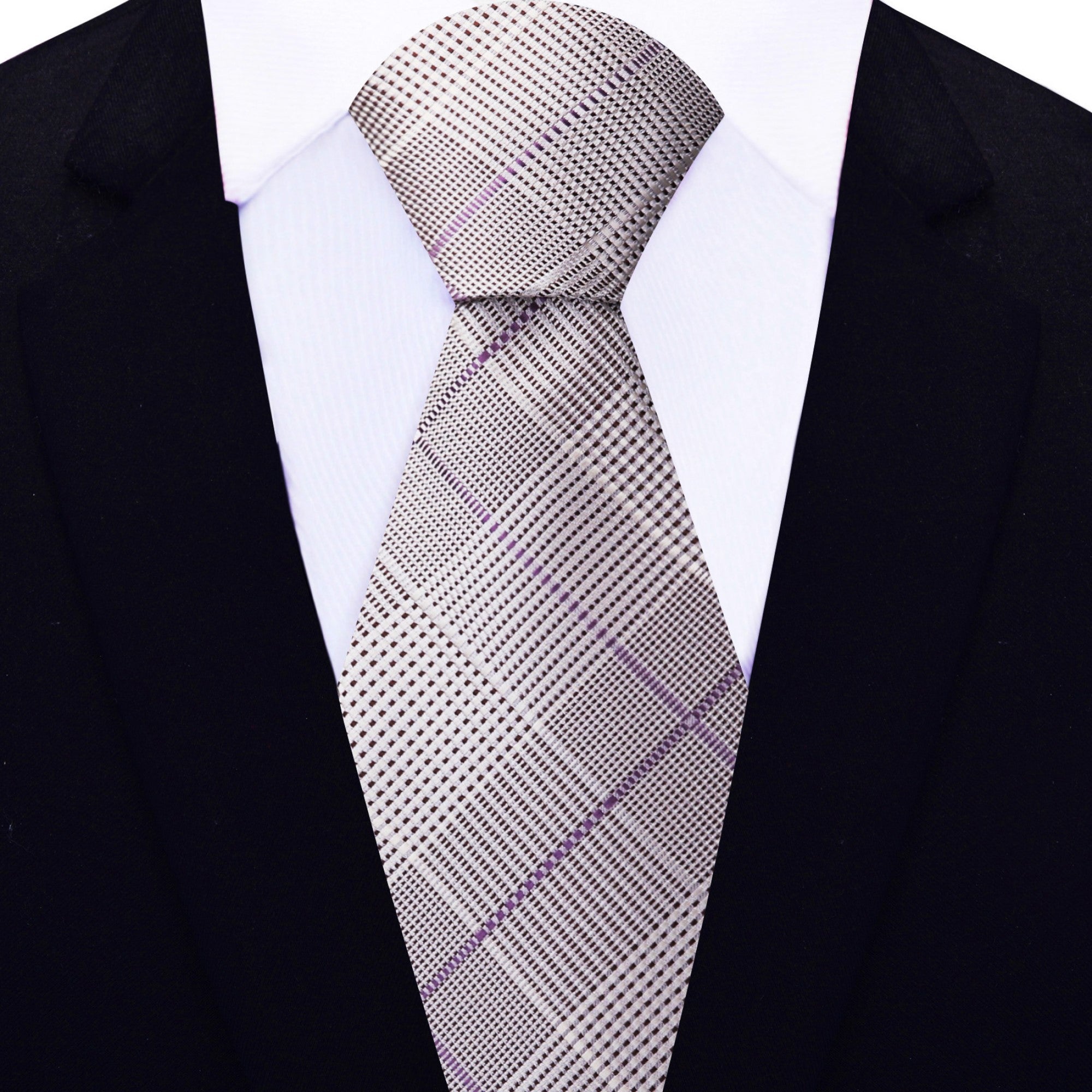 Purple plaid silk tie paired with navy pinstripe suit for business presentation