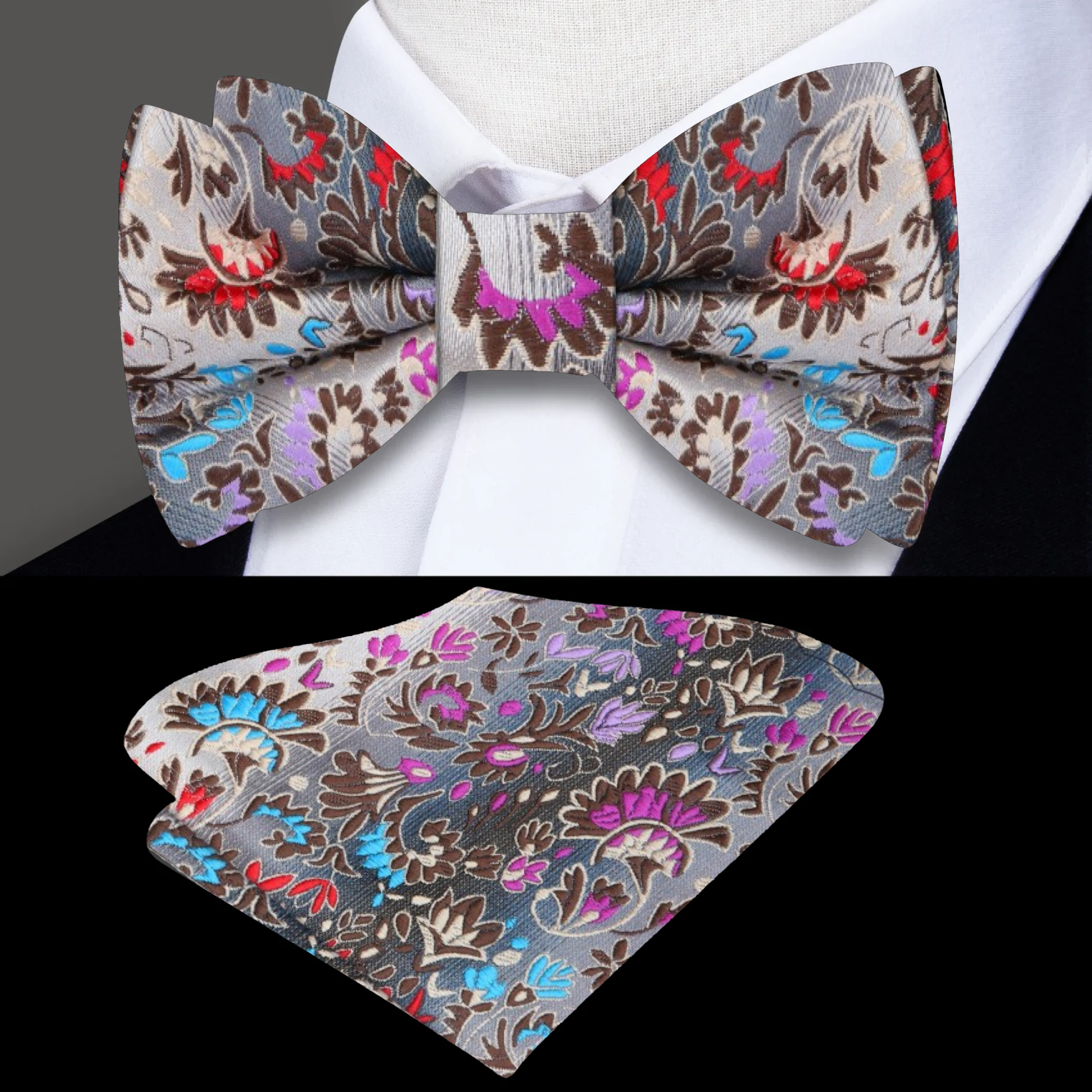 Elegant brown floral bow tie on a model wearing a dark suit at an outdoor event