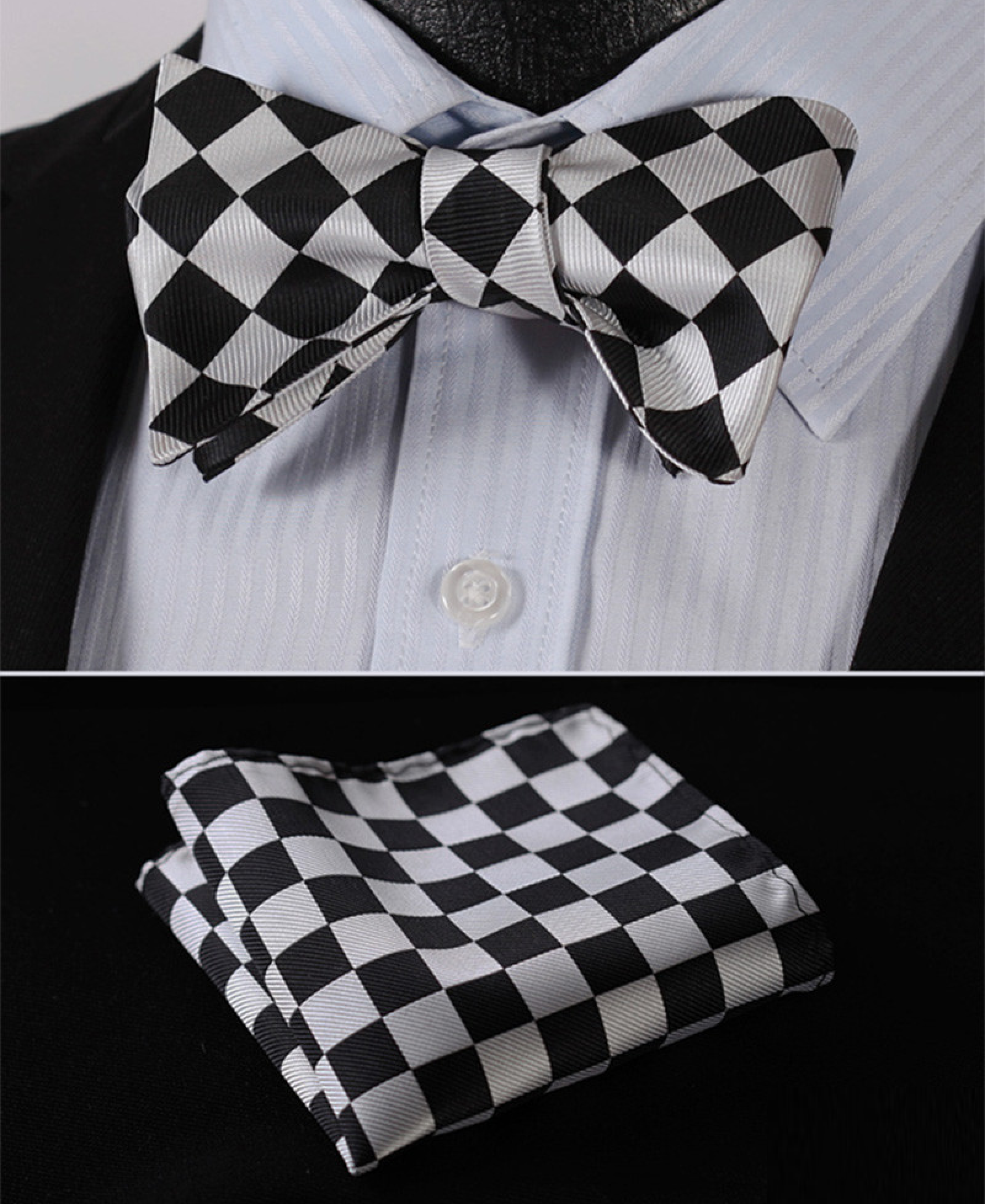 Close-up of the light grey and black checkerboard design on the mens bow tie, emphasizing its geometric elegance.