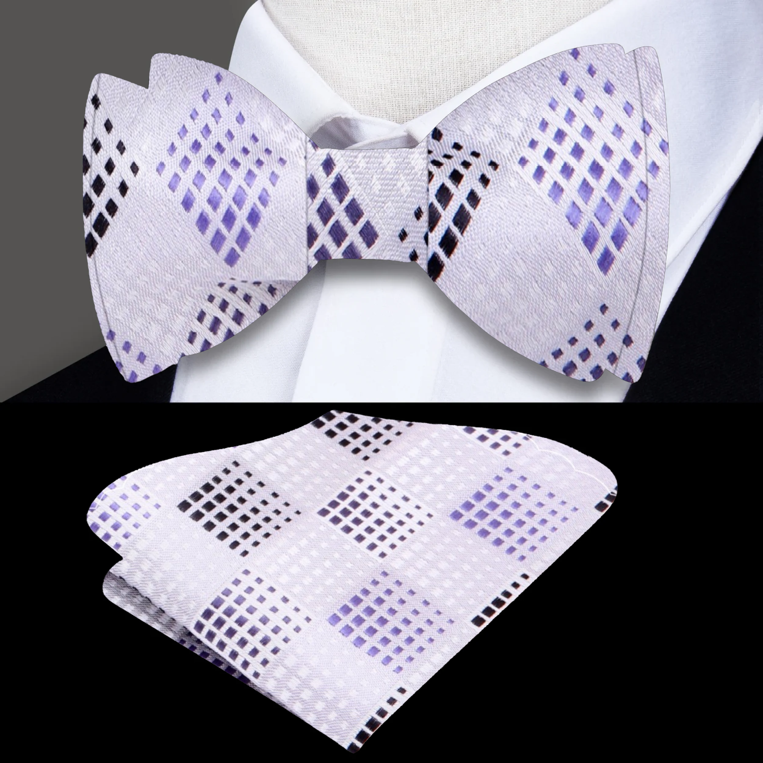 Elegant Geometric Self-Tie Bow Tie displayed against a formal setting, emphasizing its black and silver geometric design.