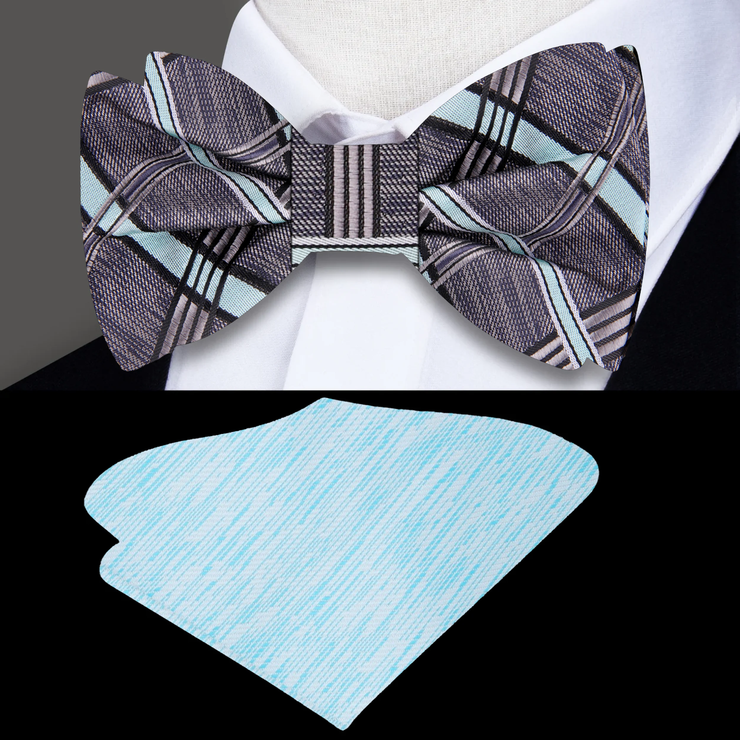 Man wearing a pre-tied plaid bow tie at a cocktail party, adding sophistication to his outfit.