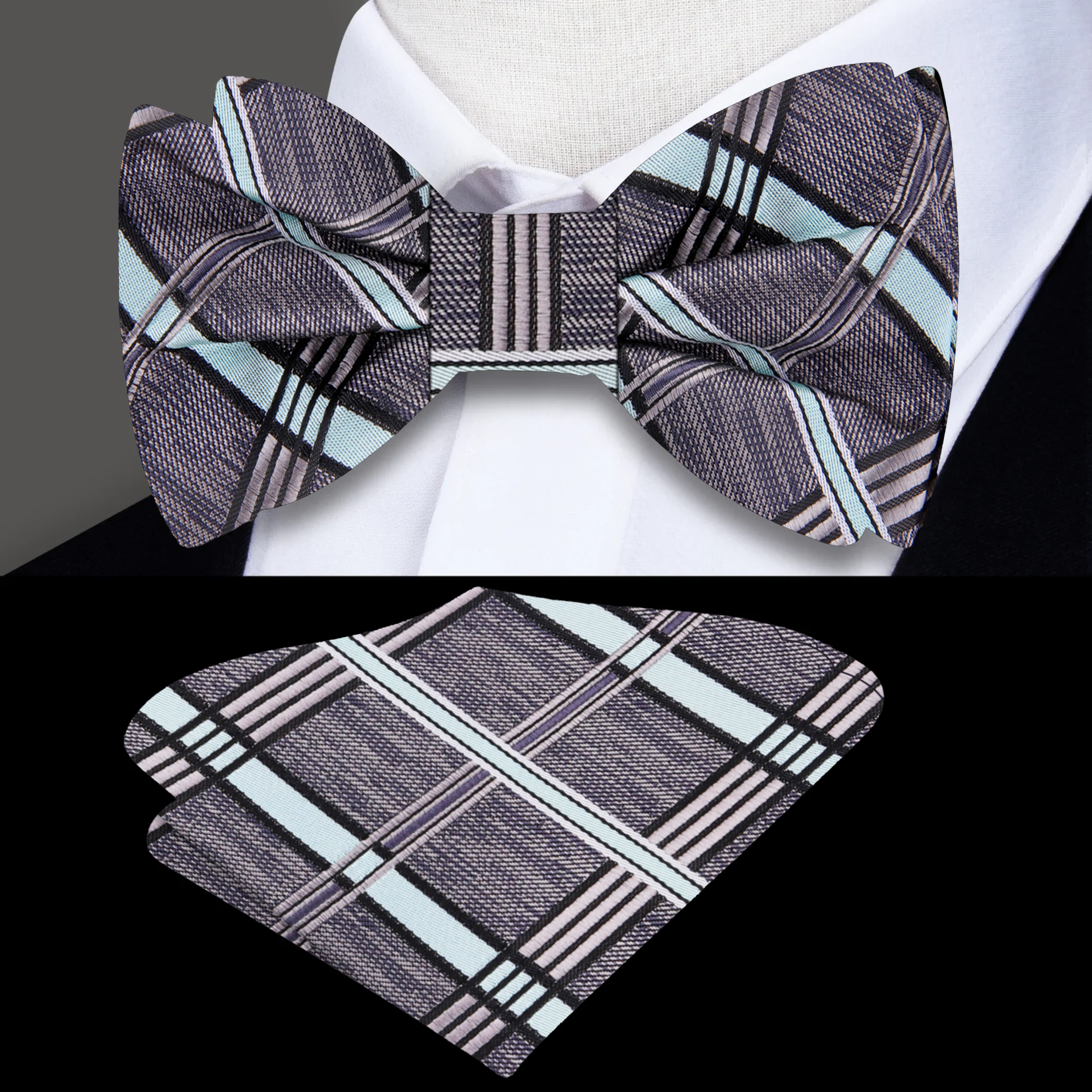 Elegant grey plaid silk bow tie displayed on a formal shirt for weddings.