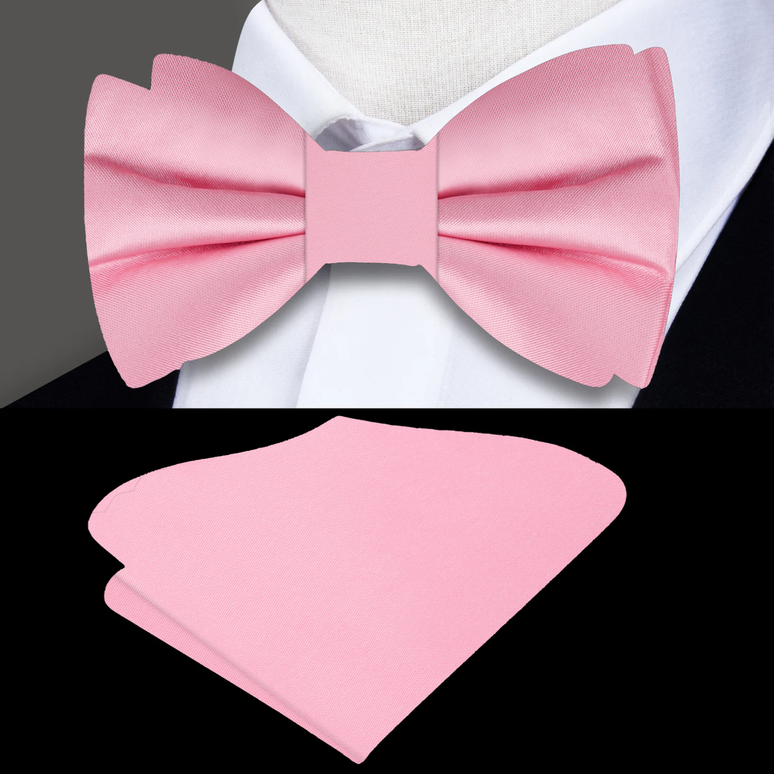 Close-up of the Kobi pink silk bow tie showcasing its smooth texture
