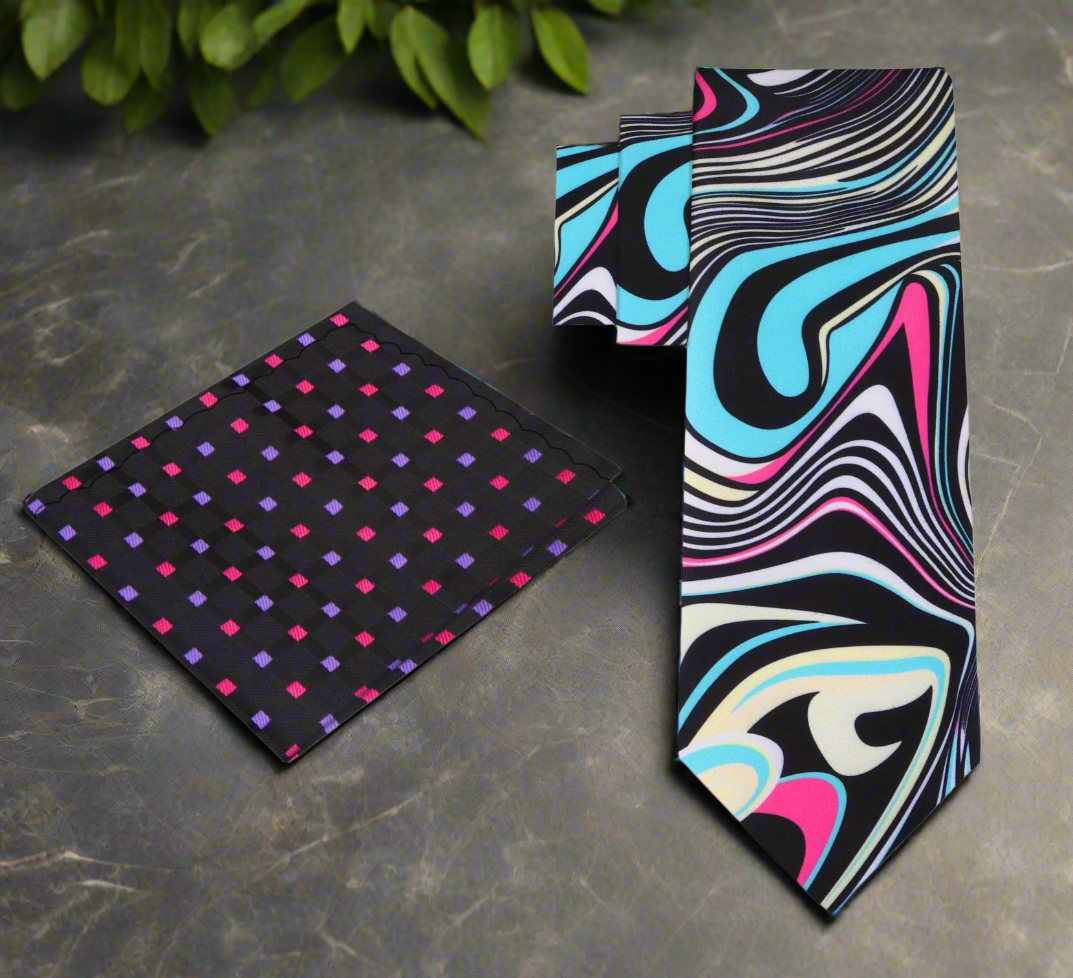 Close-up of vibrant abstract swirling necktie showing colorful pattern